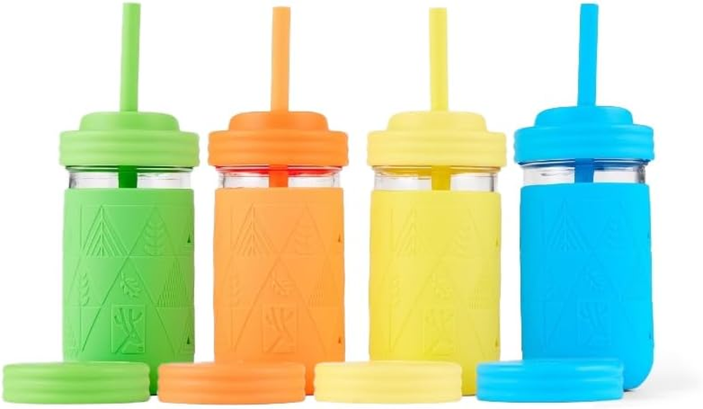 Elk and Friends 12Oz Glass Kids + Toddler Drinking Cups | the Original Mason Jars with Lids + Sleeves + Straws | Smoothie Cups | Spill Resistant | Dishwasher Safe | 4 Pack