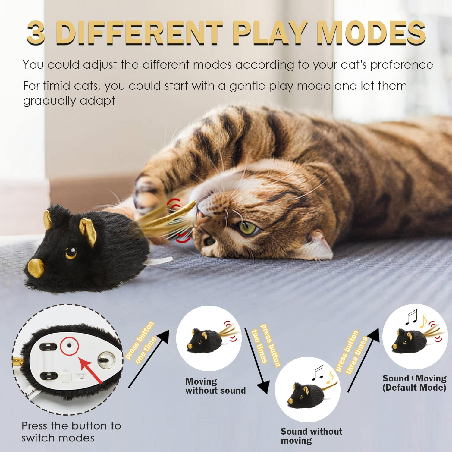 Pawsayes Interactive Cat Toy for Indoor Cats, Rechargeable Automatic Movable Mouse Cat Toy with Squeaky Sound, Intelligent Electric Mice Cat Toys image number 2