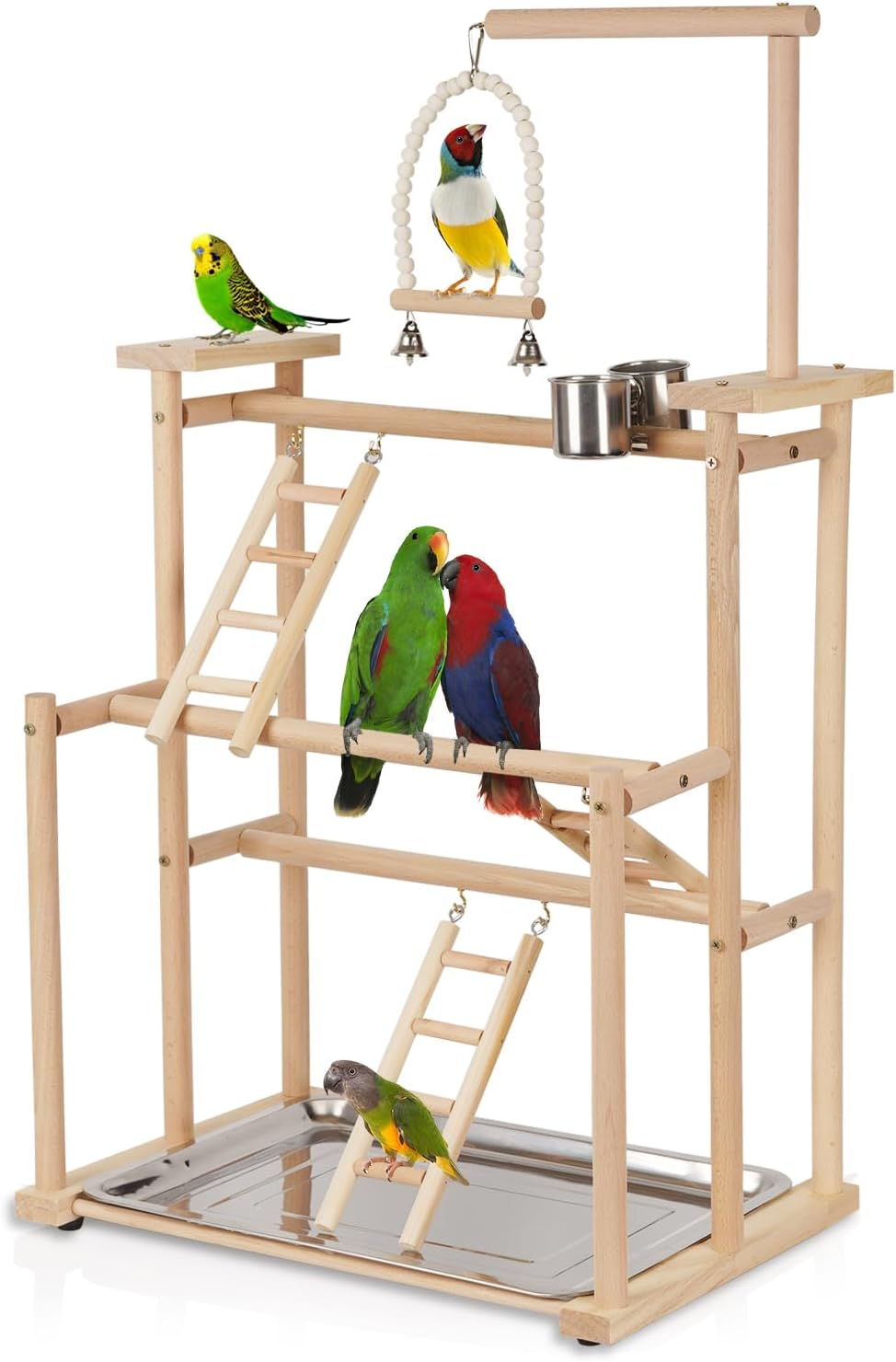 Ibnotuiy Pet Parrot Playstand Parrots Bird Playground Bird Play Stand Wood Perch Gym Playpen Ladder with Feeder Cups Bells for Cockatiel Parakeet (4 Layers) image number 4