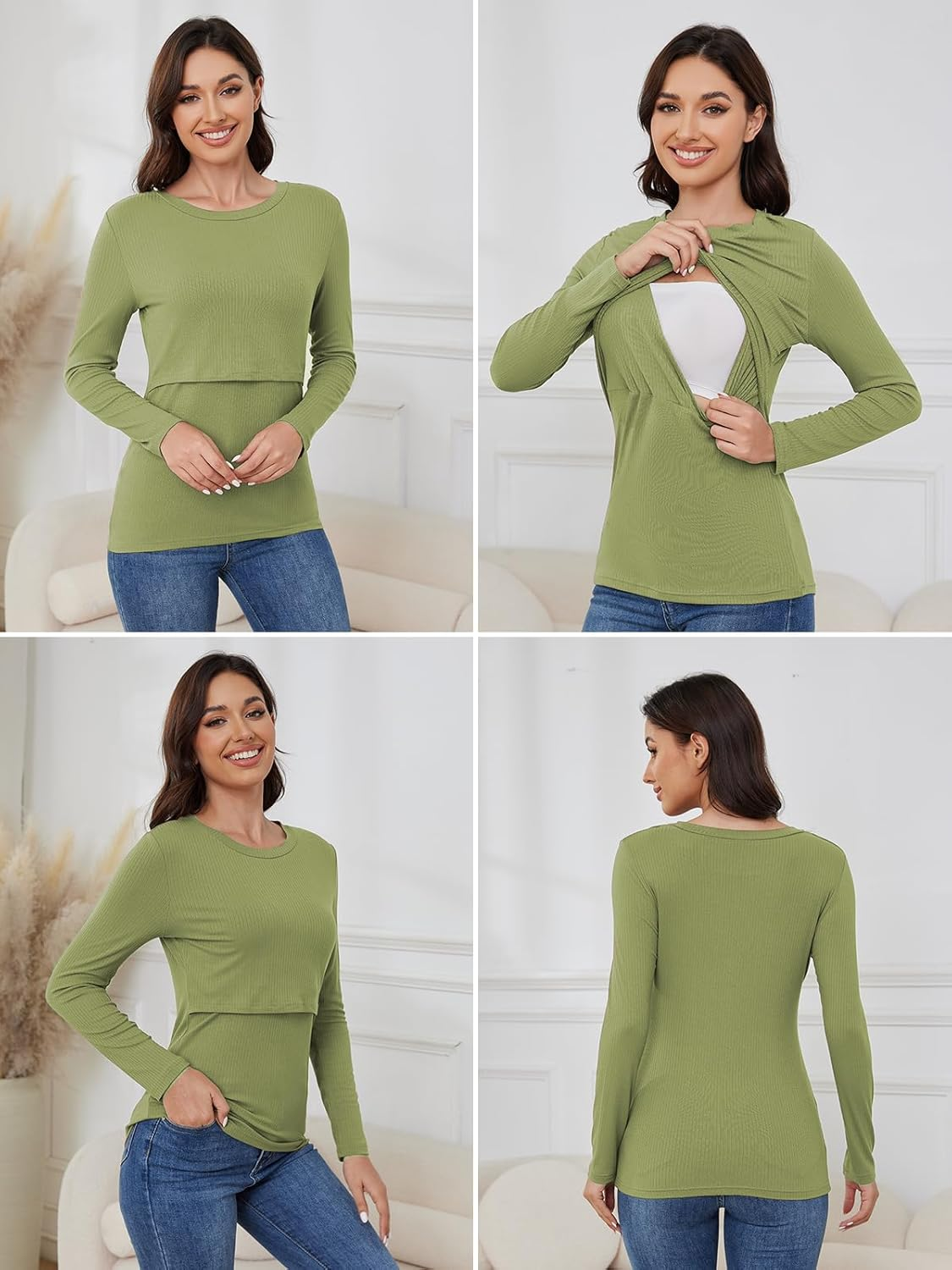 Liu & Qu Women'S Nursing Tops Ribbed Long Sleeves Maternity Shirts Double Layer Breastfeeding Shirts Pregnancy Clothes 3 Pack image number 1