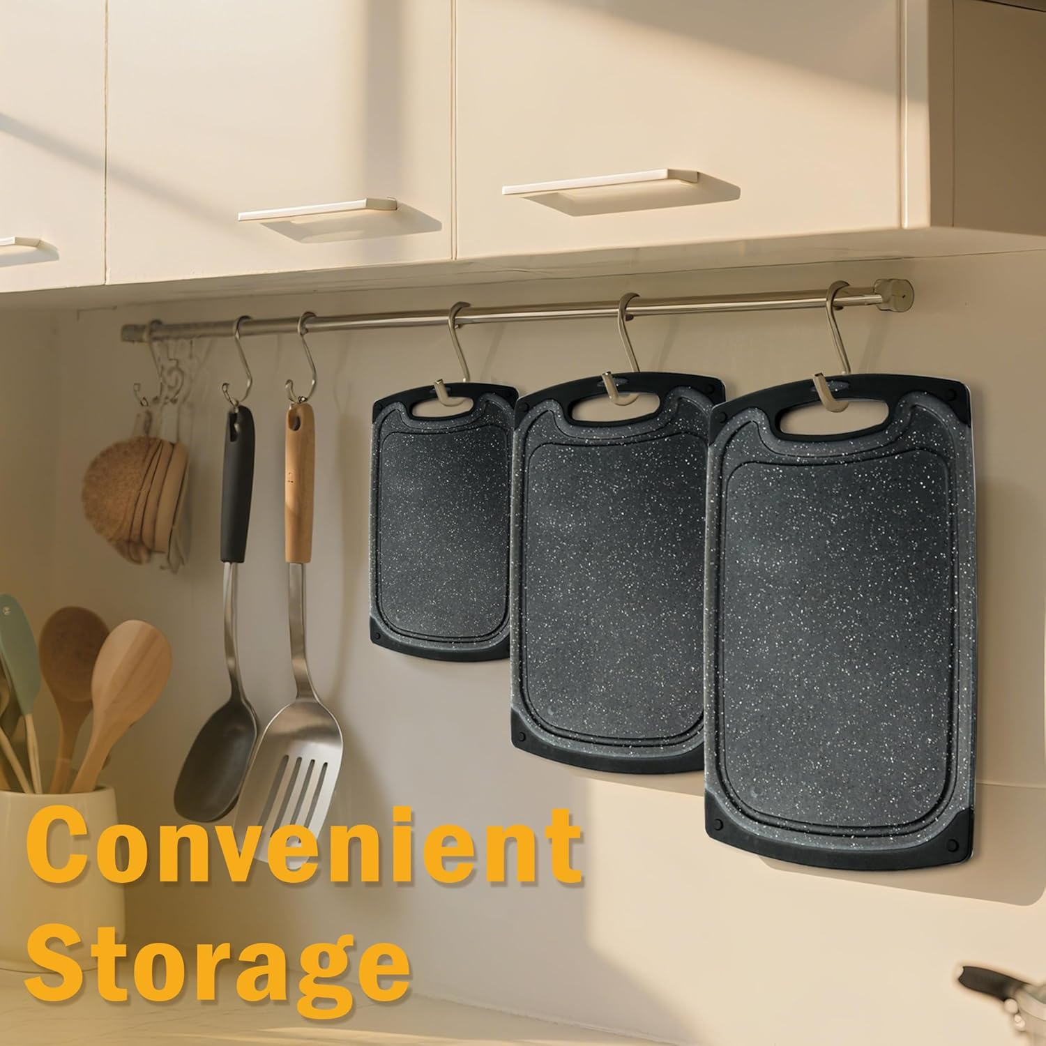 BEWOS 3 Piece Non-Slip Chopping Board Set (S/M/L) with Grinding Zone - Premium Cutting Boards Featuring Hangable Handles Secure, Deep Juice Groove & Multi-Surface Use for Home to Camping image number 3