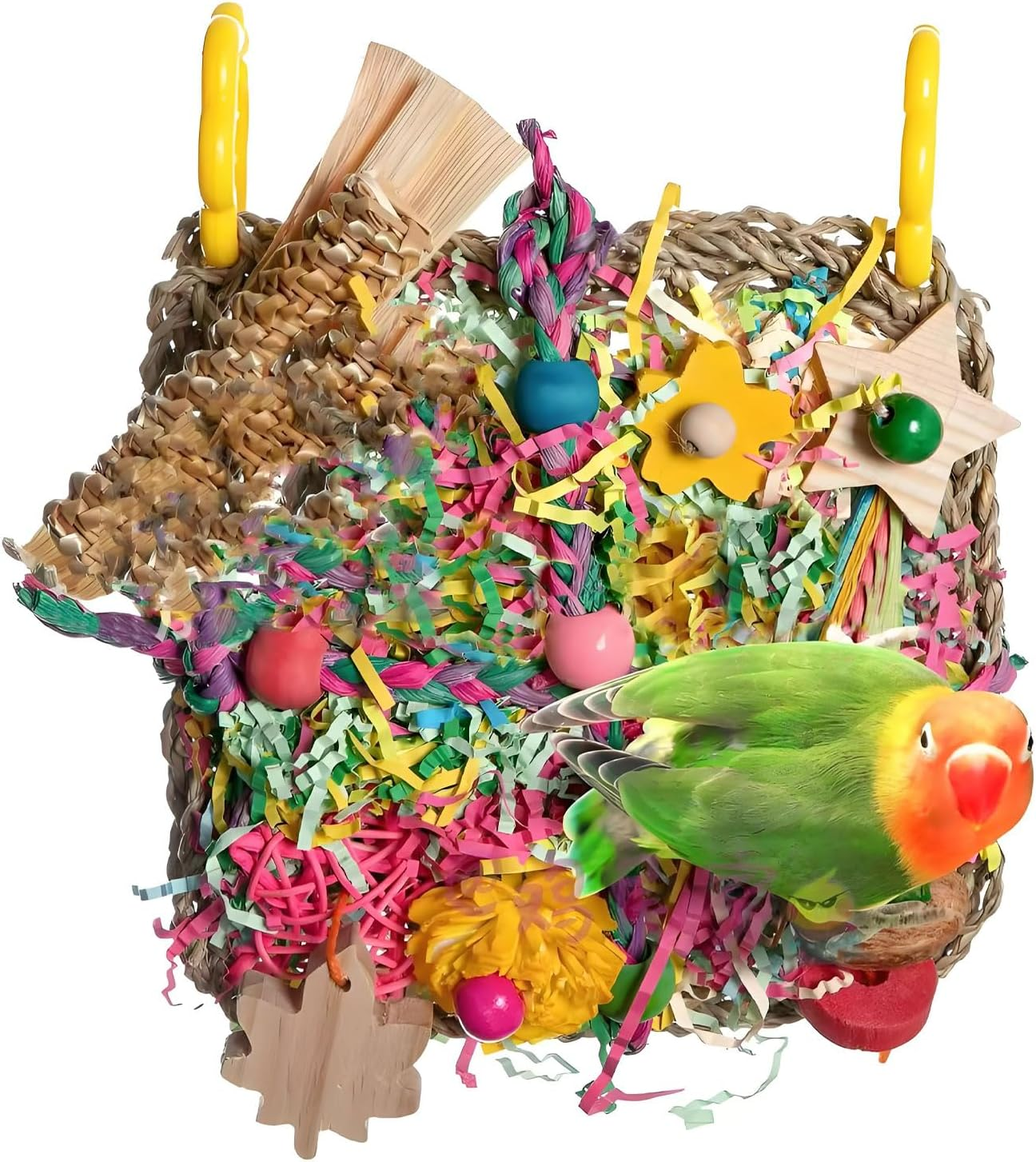 RUIFEN 7.5X7.5In Natural Bird Chew Toy for Small & Medium Parrots &ndash; 3-In-1 Climbing Net with Corn Leaves/Straw Rope/Paper Shreds, Safe for Budgies, Cockatiels & Conures image number 1