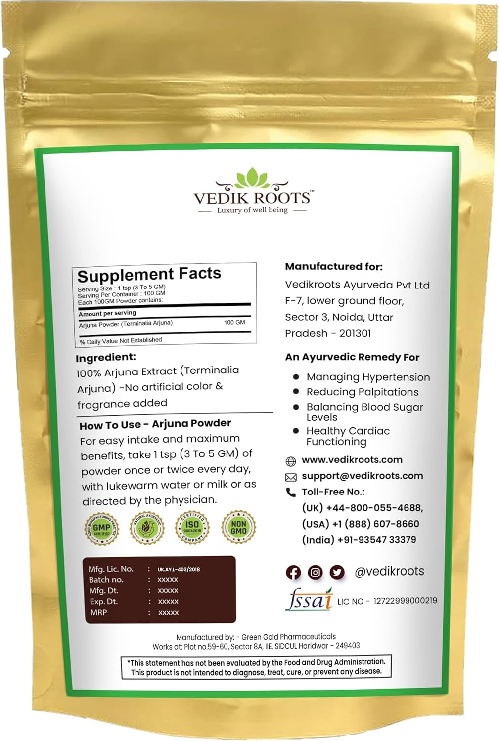 Vedikroots Organic Arjuna Bark Powder 100 G Supports Healthy Heart Functions Arjun Ki Chaal Powder Promotes Healthy Metabolism (Pack of 1)