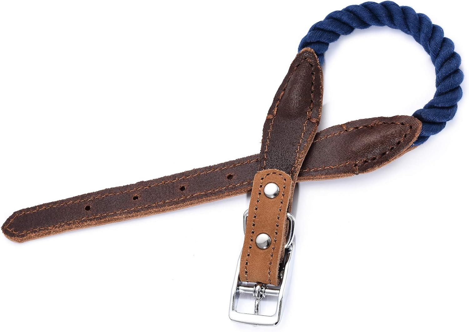 Mile High Life Premium Cotton Rope Dog Collar Made of Genuine Leather Stainless Steel Buckle Ring (M, Navy) image number 4