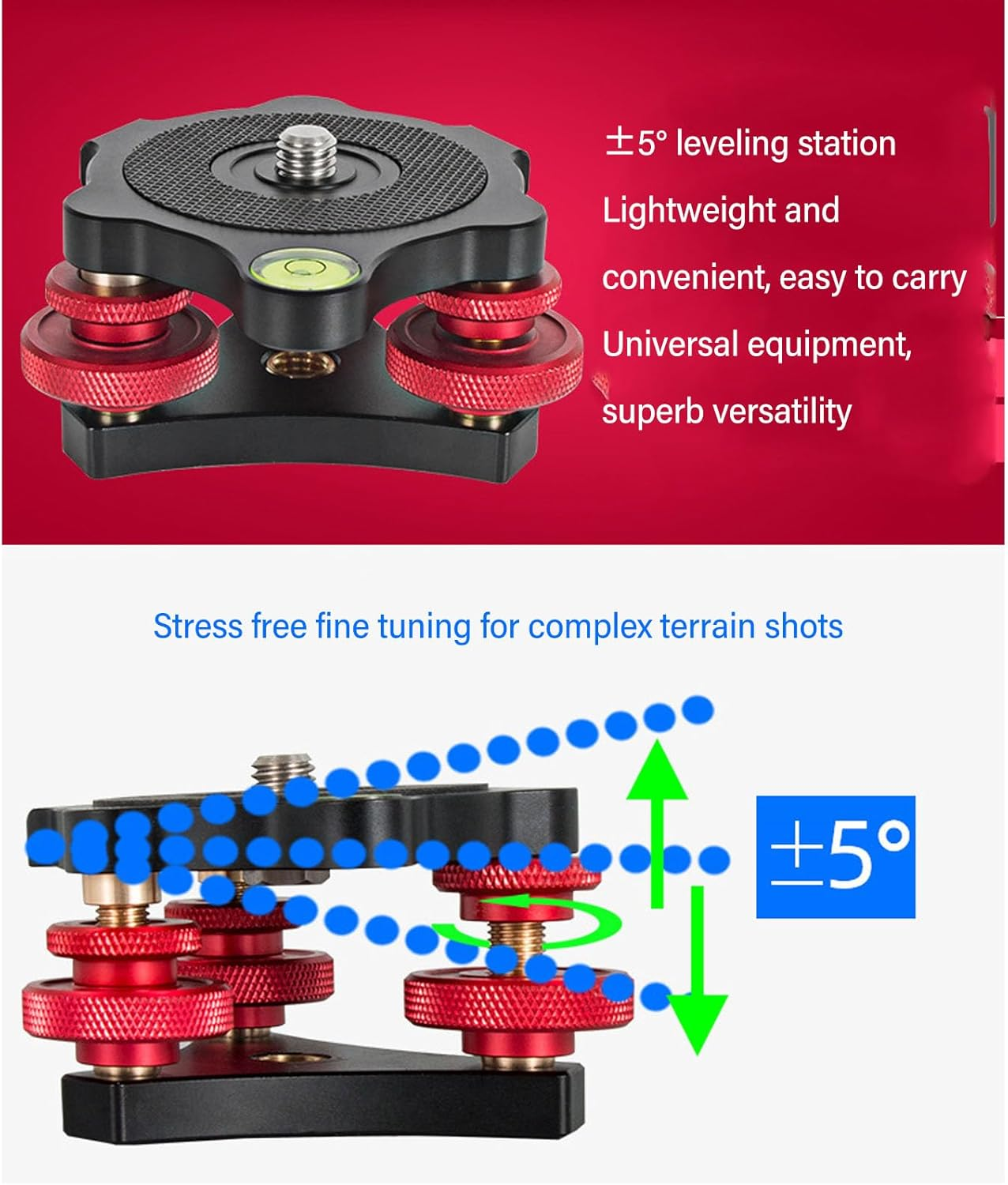 Tripod Head Leveling Base, Aluminum Alloy Triple Wheel Leveler Base with 3/8 Inch Thread, Camera Leveler Base with 3 Bubble Levels for Macro Panoramic Photography image number 3