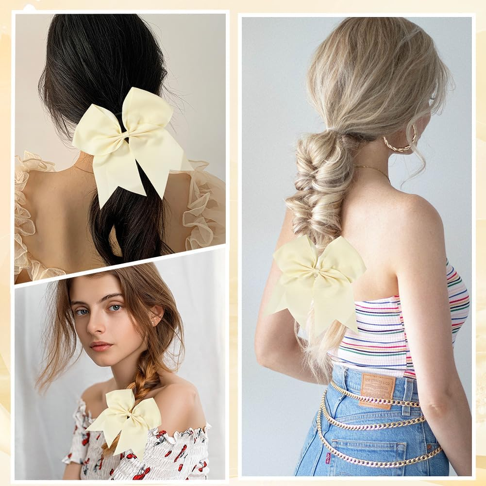 SUNNYCLUE 1 Box 2Pcs White Bow Ponytail Bowknot Elastic Hair Ties Coquette Cornsilk Large Jumbo Bowknots Chear Pony Hair Tails Holder Band Bulk for School Soccer Rugby Sports Favours Women Adults image number 4