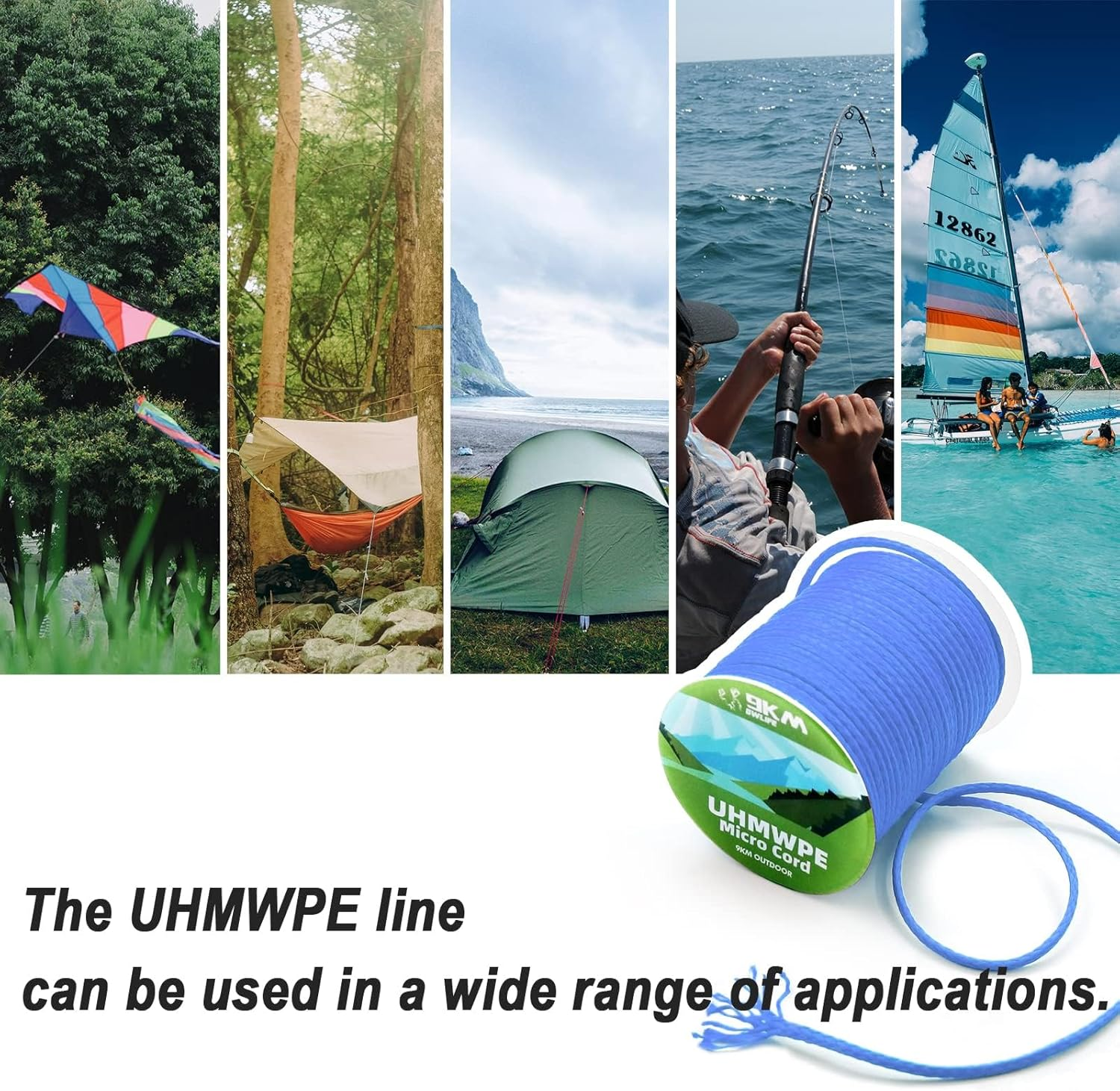 9KM DWLIFE 100% UHMWPE Braided Cord, 0.8Mm Black 100Ft 220Lb Hollow Rope for Hammock, Kite, Fishing, Climbing, Camping