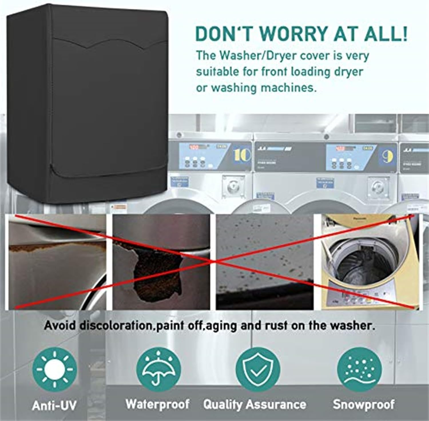 Washer Cover Waterproof & Dustproof Thickening Front-Loading Machine Cover, Fits Most Front-Load Washers (Black)