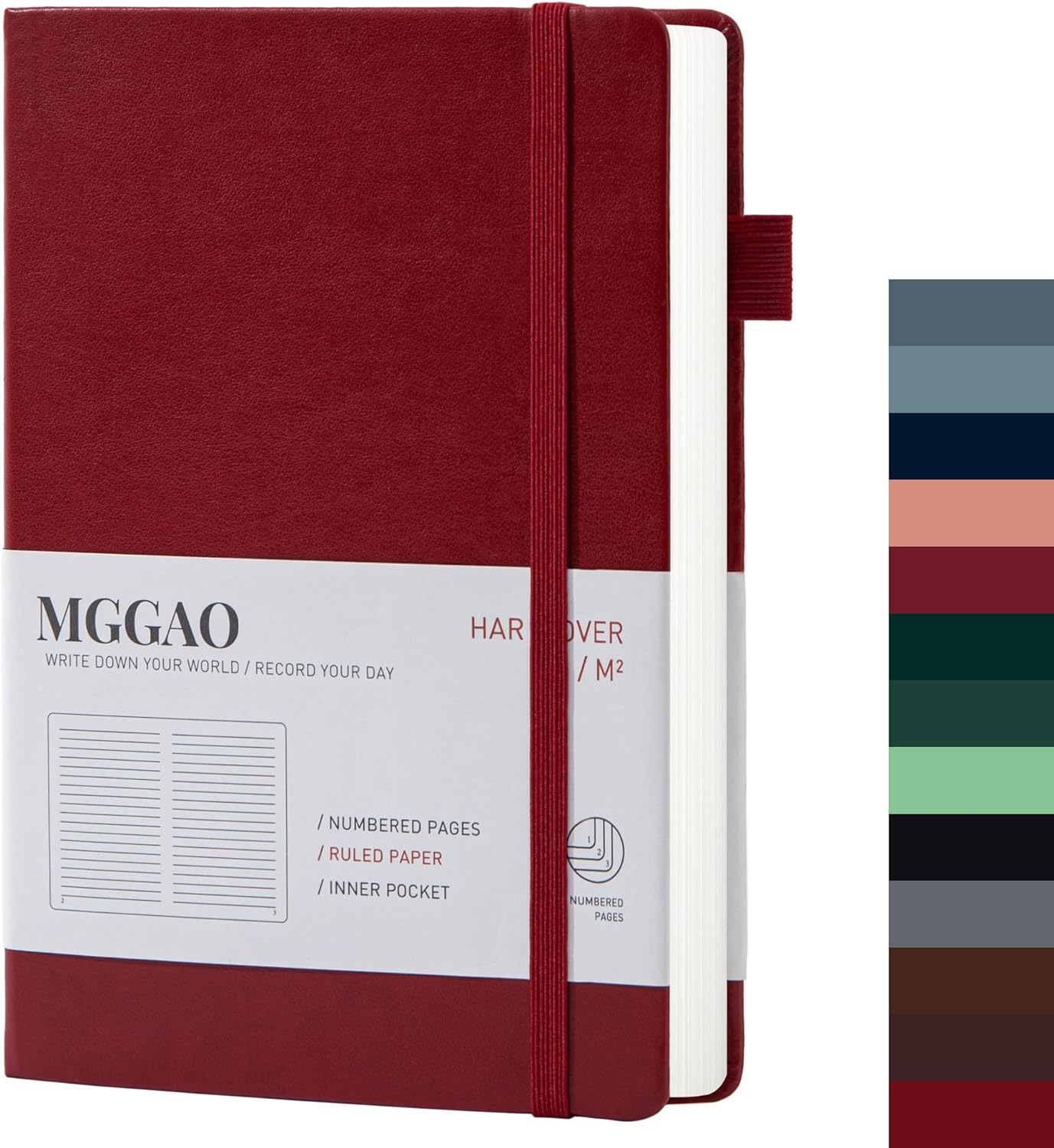 MGGAO A5 Ruled Journal 100 GSM Lined Thick Paper with 188 Numbered Pages Premium Faux Leather Hardcover Notebook for Personal Writing Study Office Travel Recording (Red,Ruled)