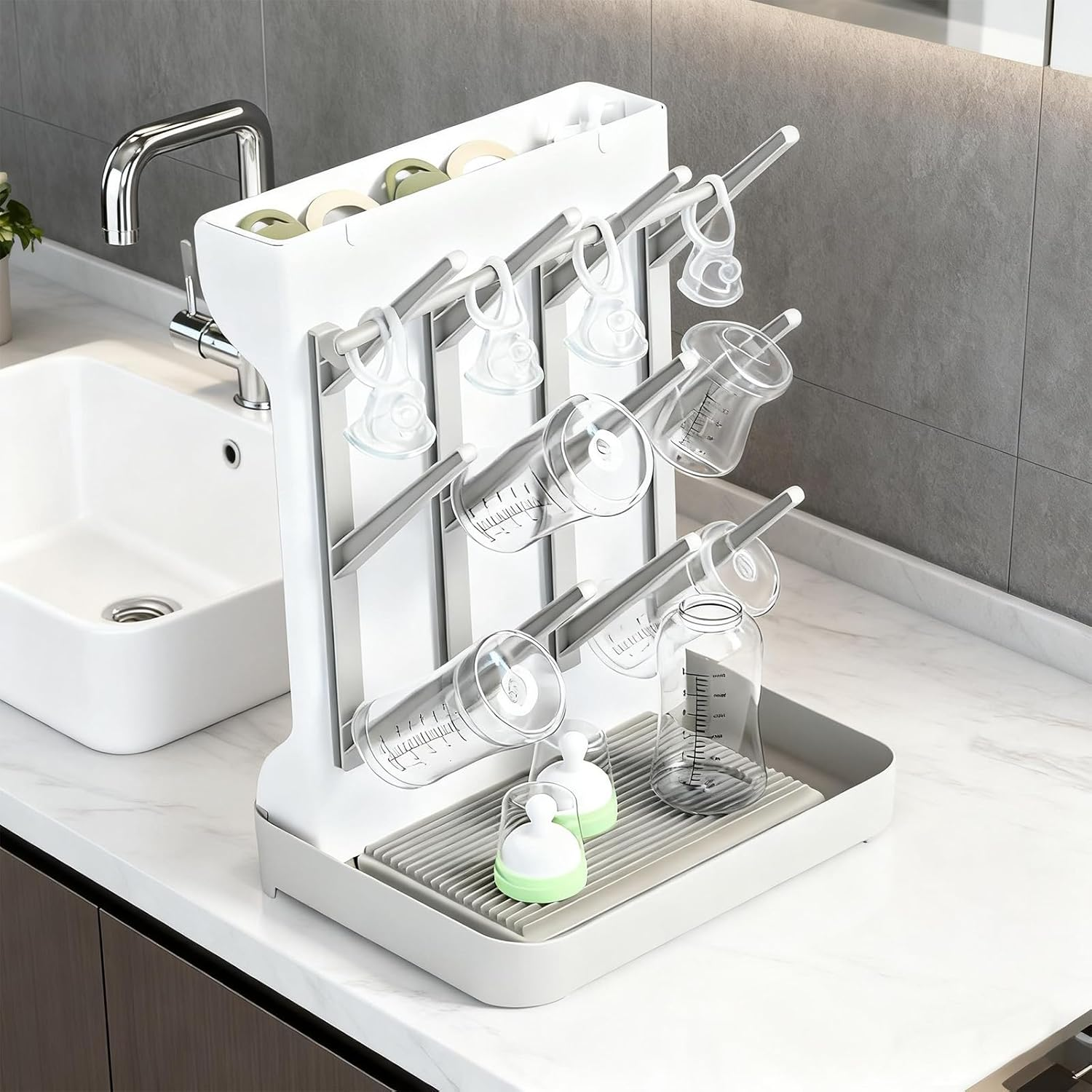 Baby Bottle Drying Rack with 12 Hooks,Vertical Bottle Organizer，Baby Bottles and Pump Part Cleaning,Baby Bottle Accessories Storage,Space Saving image number 1