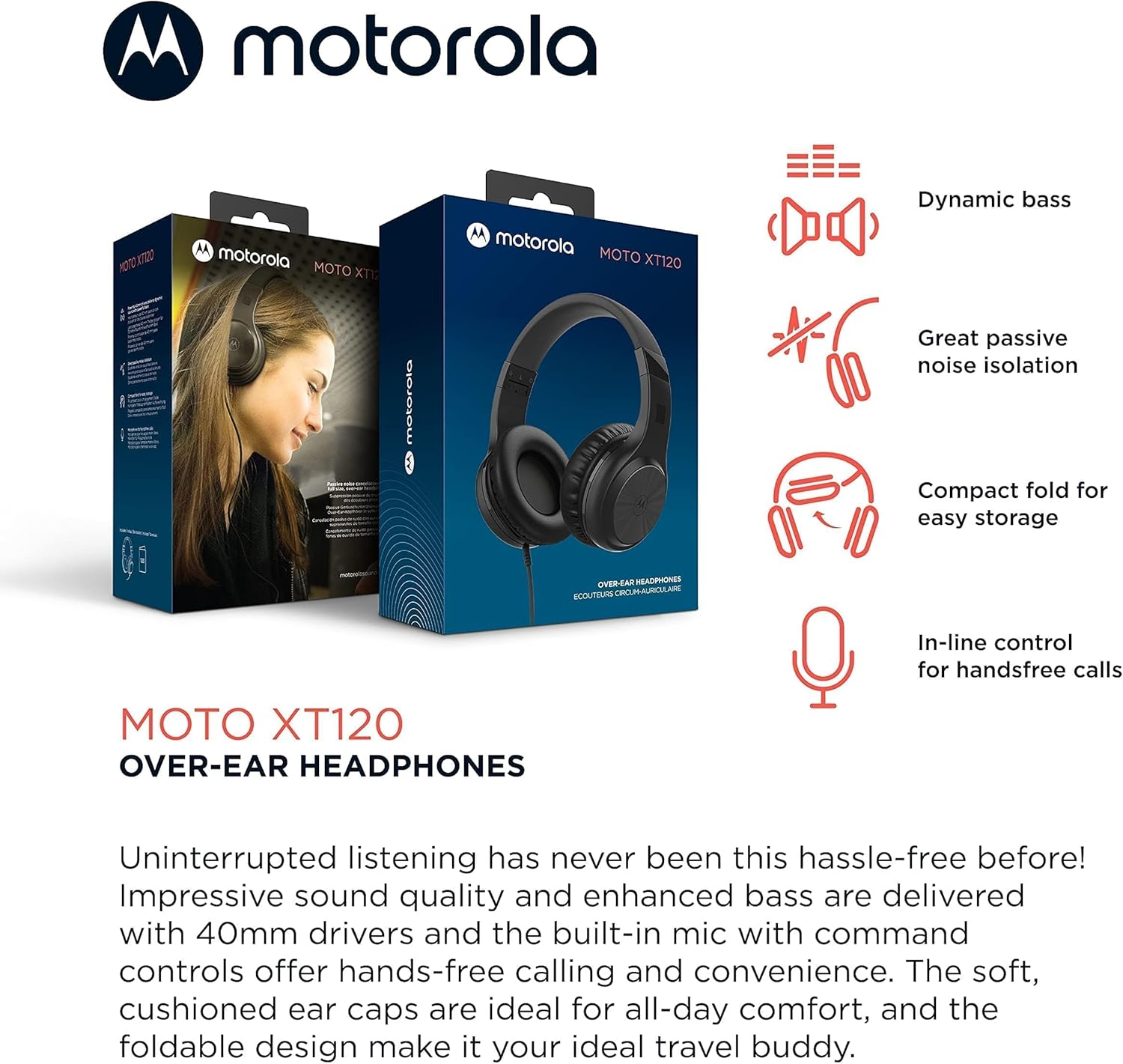Motorola Sound Moto XT120 - Wired Headphones - Over-Ear Headphones - 120 CM Cable - Foldable Design - Passive Noise Isolation - Black image number 1