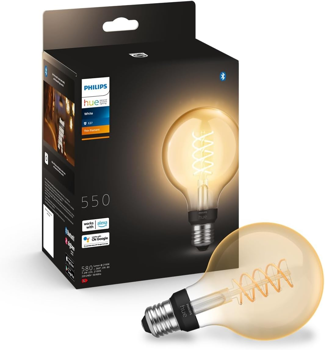 Philips Hue White E27 Filament G93 550 Lm, Warm White Light, Dimmable, Controllable via App, Compatible with Amazon Alexa (Echo, Echo Dot) image number 1