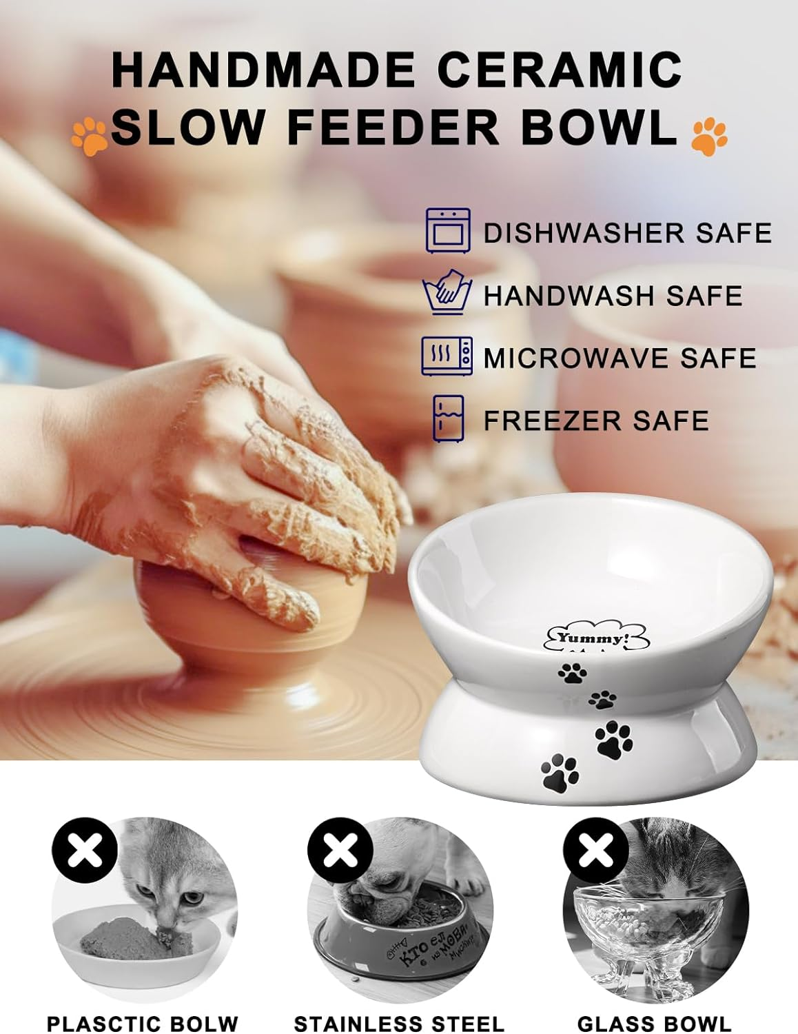 Y YHY Ceramic Raised Cat Food Bowl, Slanted Cat Dish, Tilt Angle Protect Cat'S Spine, Stress Free, Backflow Prevention, Cat, White image number 5