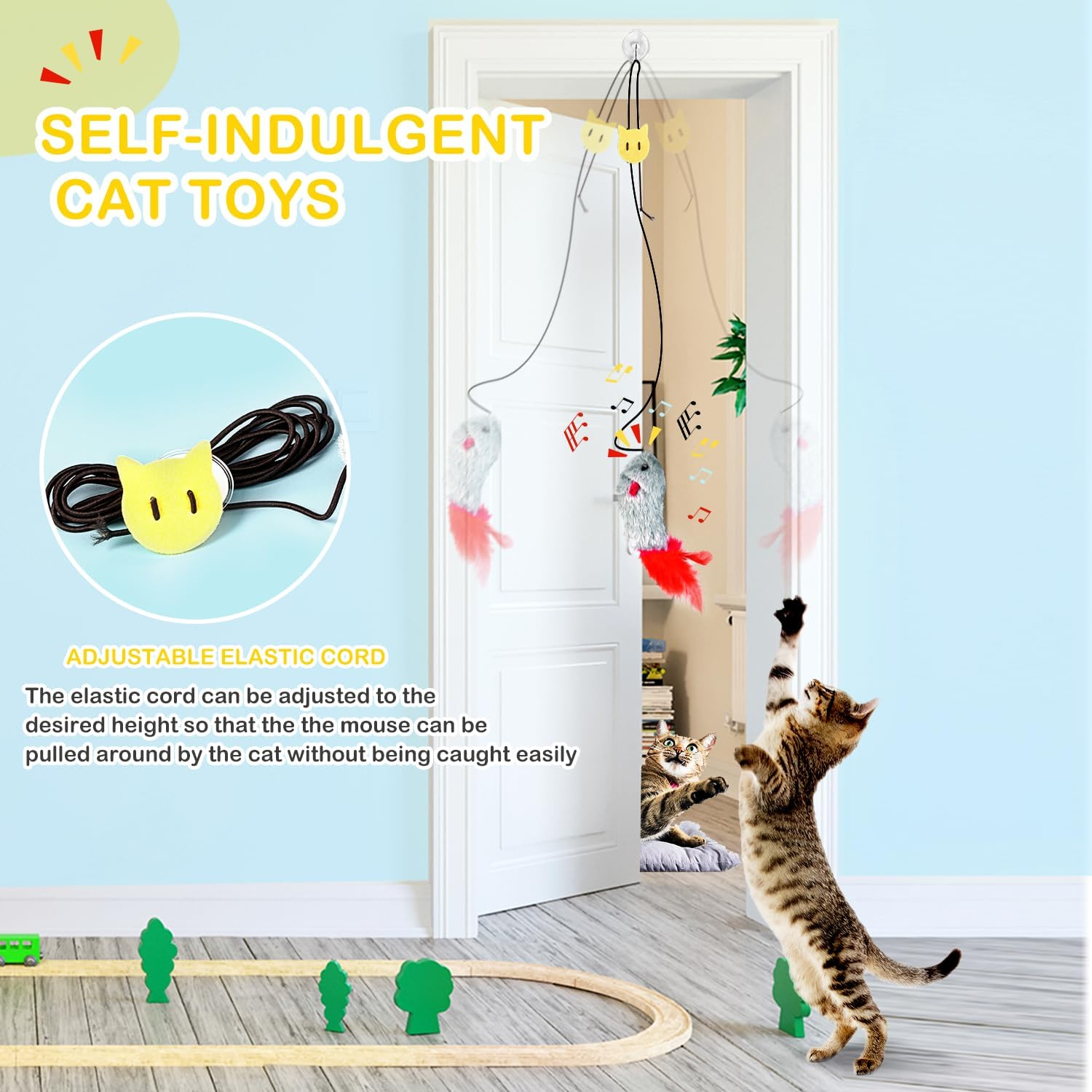 QINLECTRI Pack of 4 Cat Toys Self-Employment Hanging Door Frame Elastic Mouse Interactive Cat Toy Mouse with Feather Tail Interactive Dancer Cat Toy Mice image number 2