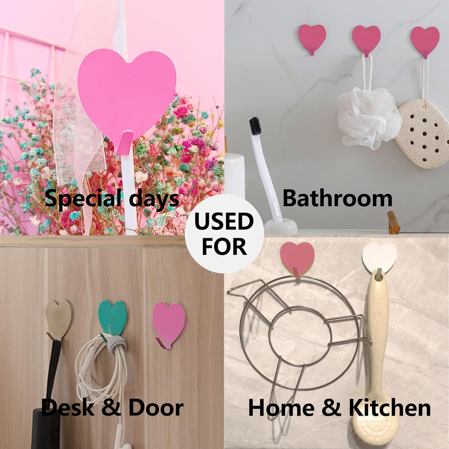Heart Wall Hooks, 8 Pack, Cute Pink Decorative Accessories, Purse Hanger for Girls Room, Stainless Steel, Sturdy Adhesive for Hanging Keys, Bags, Towels, Clothes image number 6