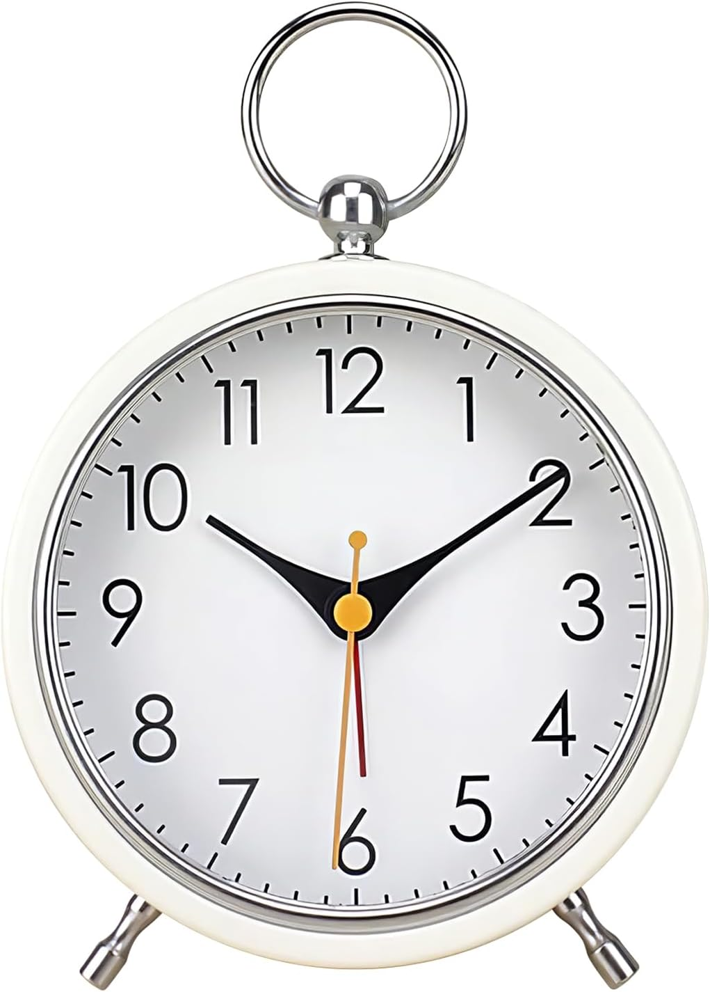 Snooze Retro Alarm Clock, 4 Inch Portable Table Clock with Night Light, Silent Non-Ticking Metal Clock, Simple round Battery Powered Clock Decor for Living Room Bedroom Study Office (White)