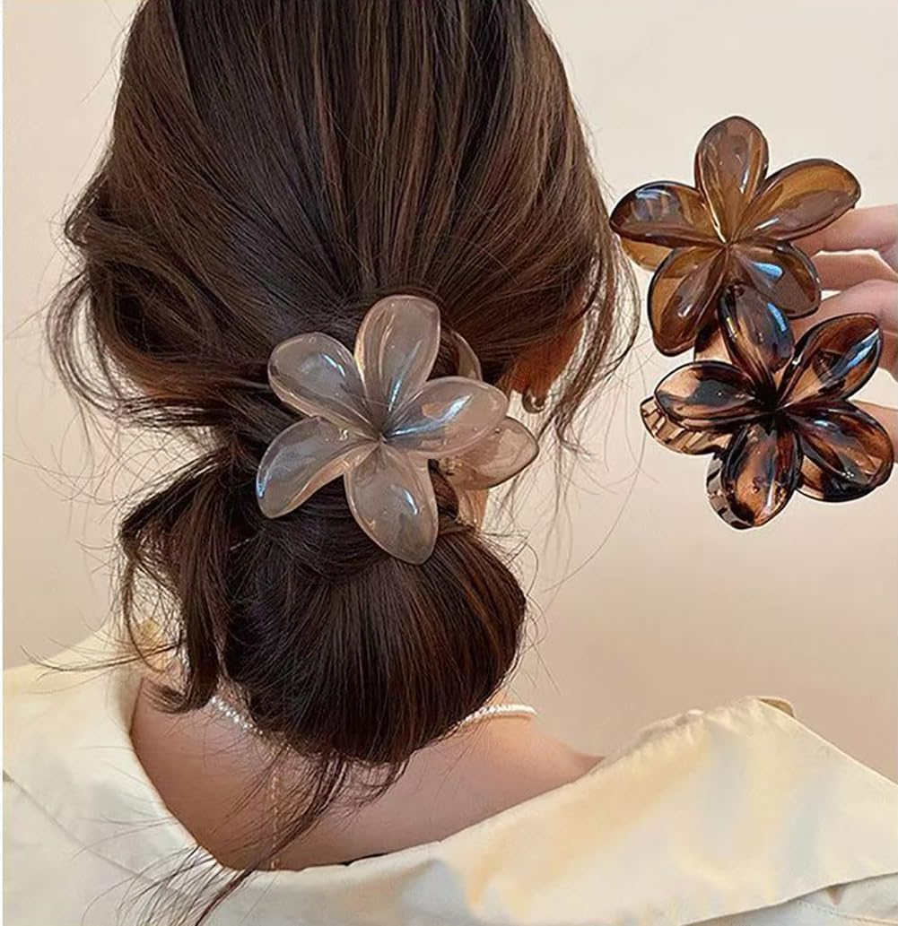 Rockreyoa Hawaiian Plumeria Flower Claw Clips, Pack of 2, Leopard Plumeria Flowers Hair Clips, Flower Hair Accessories for Women, Hawaiian Claw Clip, Non-Slip Hair Clip, Strong Hold, Fruit Green image number 3