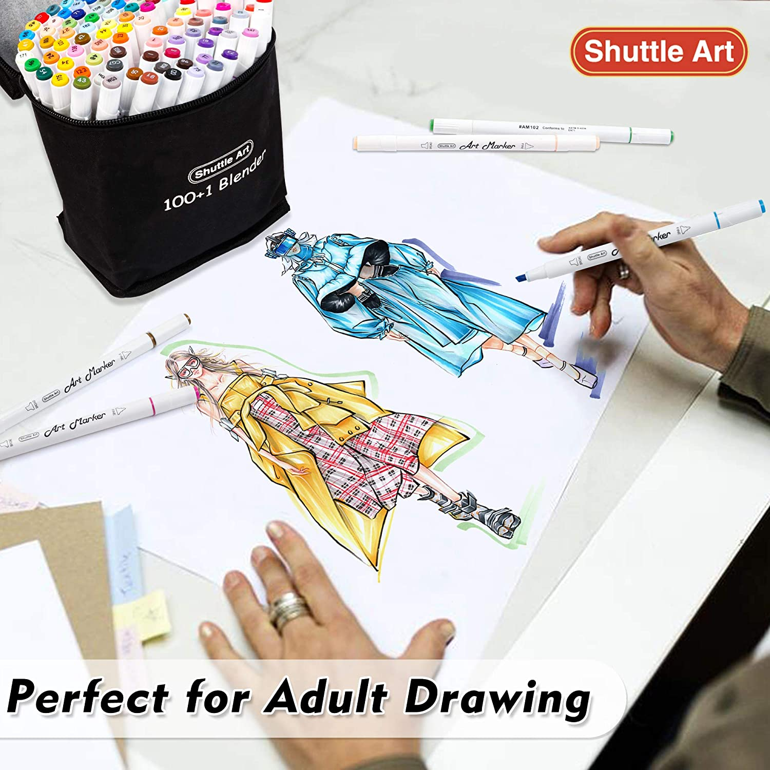 Shuttle Art 100 Colours Alcohol Markers, Dual Tip Art Markers plus 1 Blender Art Pens for Drawing, Sketching Highlighting, Marker Pens with Carrying Case for Artists and Adult Colouring Manga Design image number 4