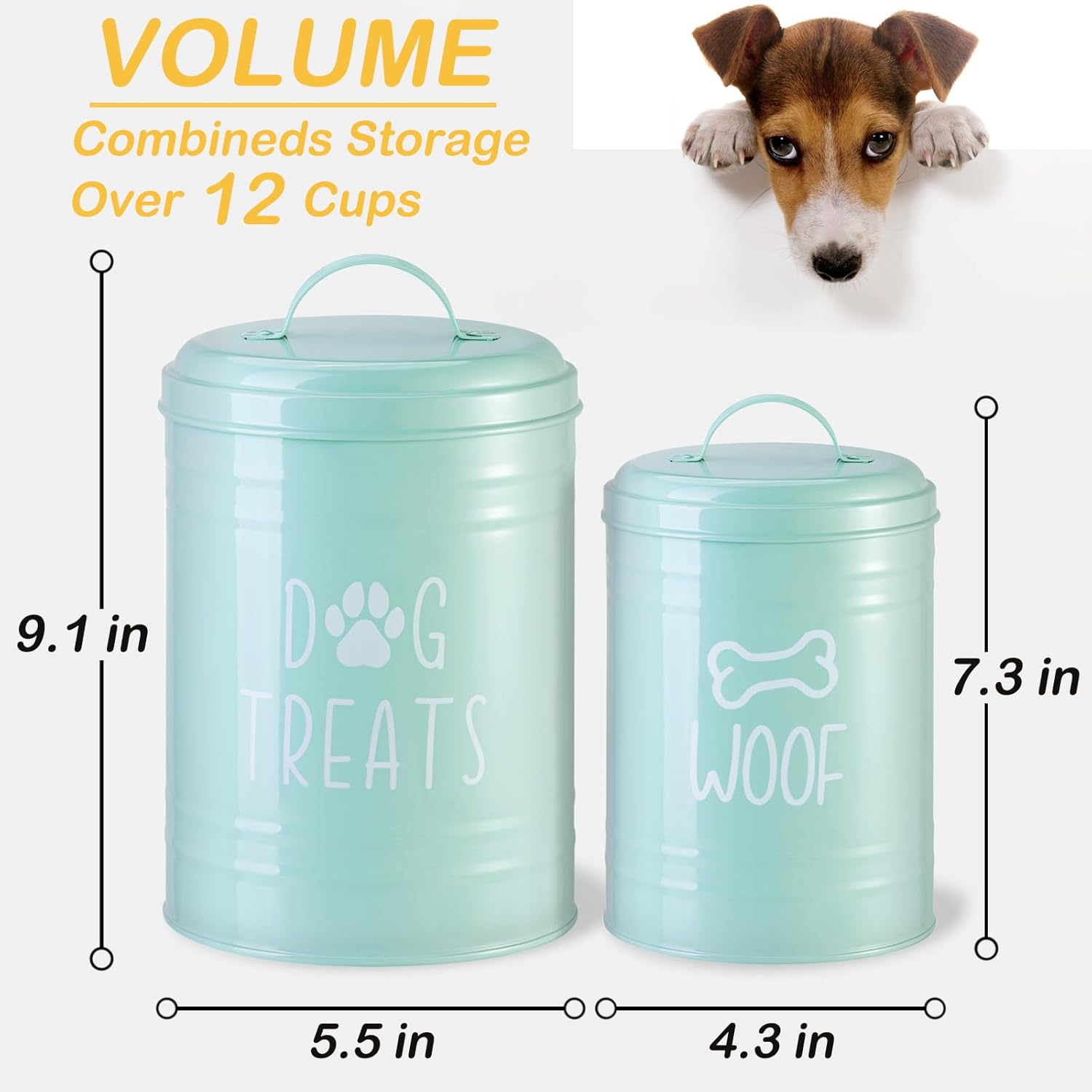 Dog Treat Container Airtight, Dog Treat Jar Set of 2 with Lid - 9X5.5''&7X4'' Metal Dog Cookie Jar for Farmhouse Kitchen Counter, Green Pet Treat Container, Dog Treat Storage Container for Dogs, Cats