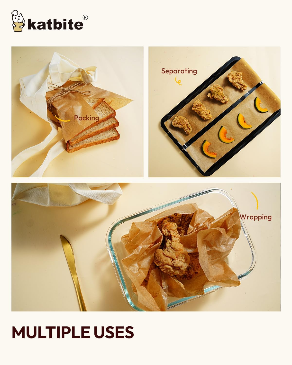 Katbite 15In X 115Ft, 145 Sq.Ft Parchment Paper Roll for Baking,Parchment Baking Paper with Serrated Cutter, Non-Stick Longer Unbleached Parchment Roll for Cooking, Air Fryer, Steaming, Bread image number 4