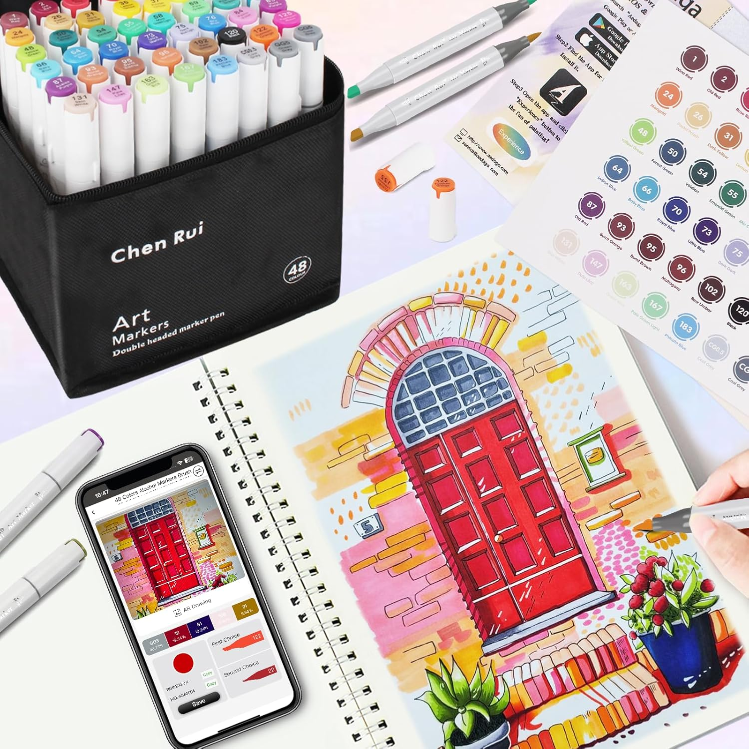 168 Colors Alcohol Brush Markers with Free App,Dual Brush & Chisel Tips Blender Art Markers for Adults and Kids, Alcohol Based Markers Dual Tips for Painting, Sketching, Drawing image number 4