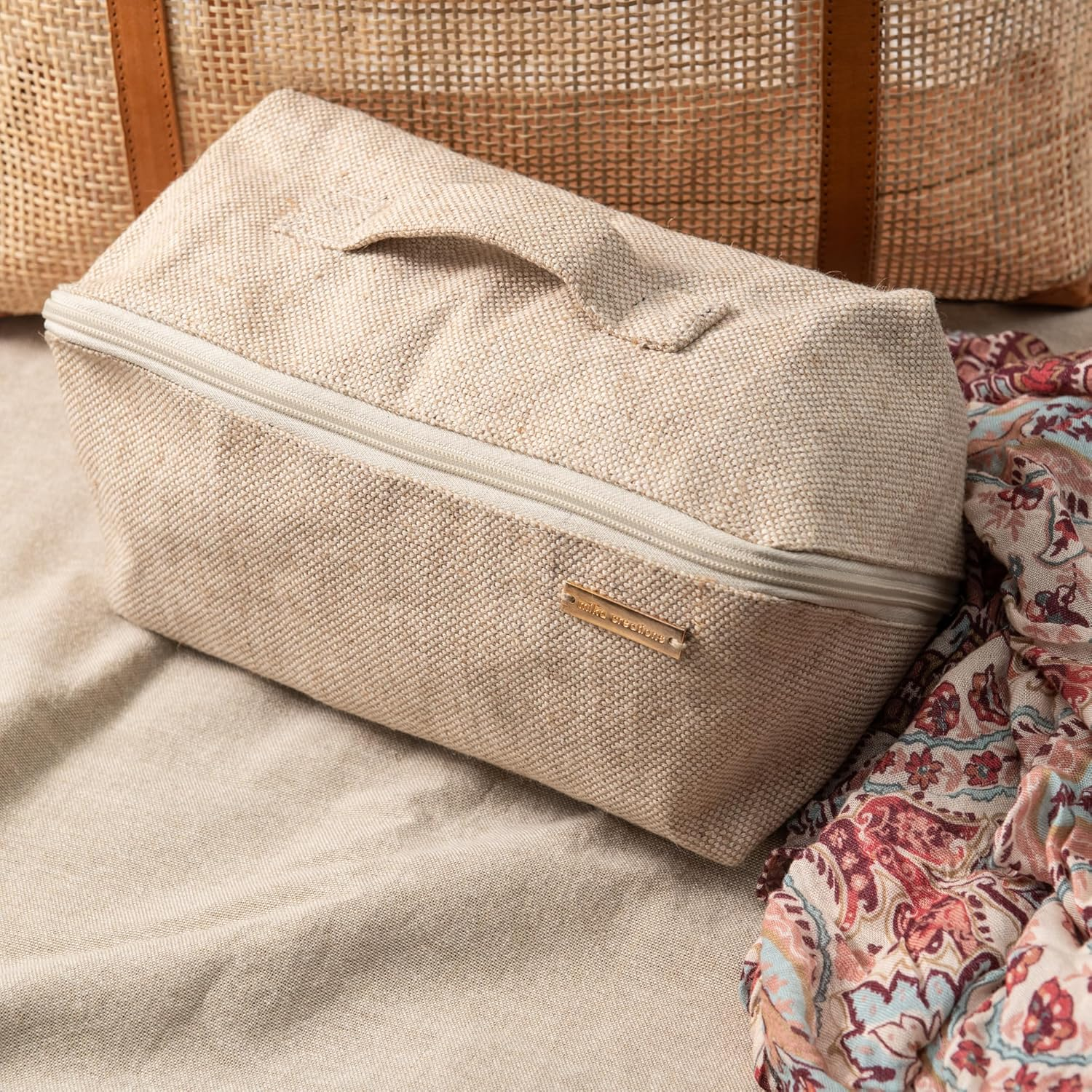 Travel Makeup Bag | Flat Lay Toiletry Organiser | Compact Storage for Cosmetics and Toiletries | Jute and Cotton | Sustainable Alternative to Nylon | Beige | Mika Creations image number 1