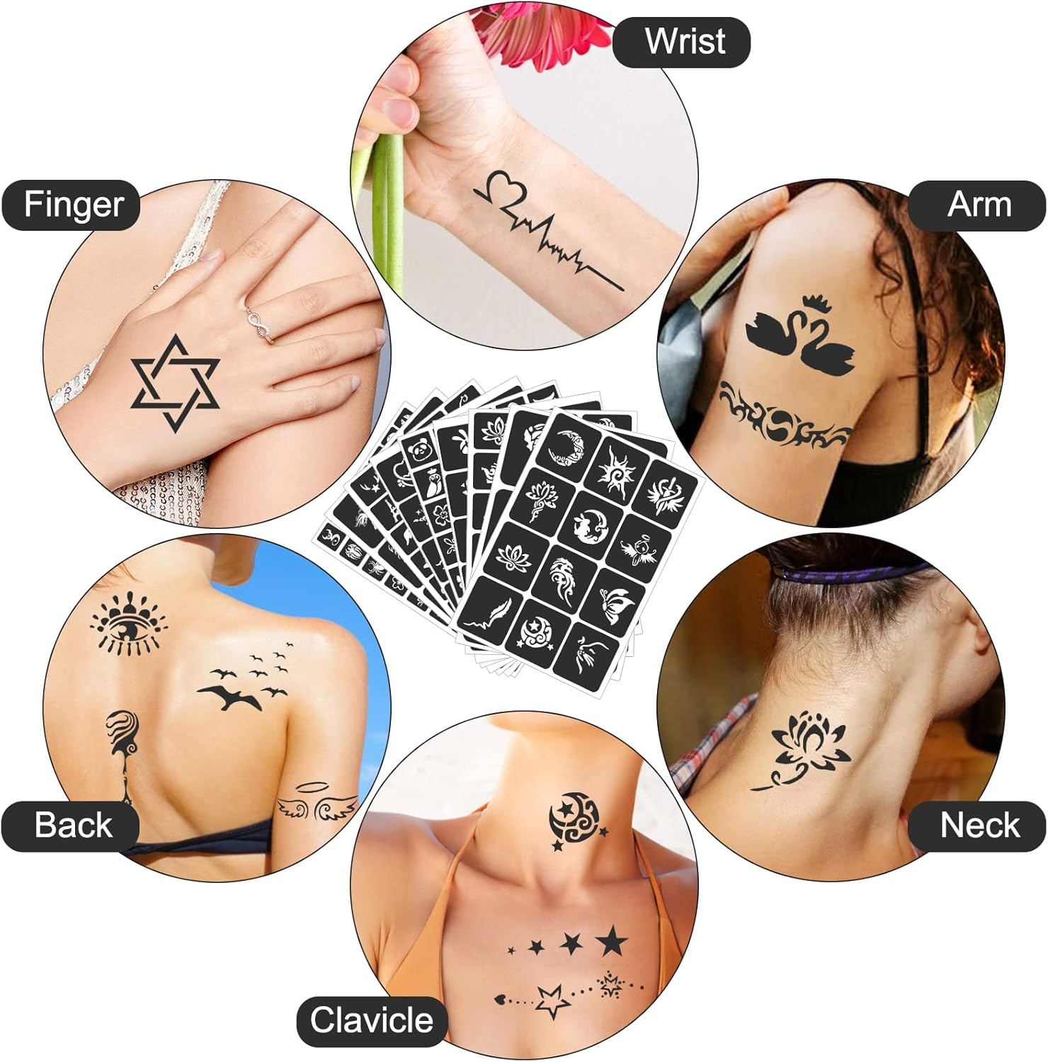FANOST 24 Sheets Tattoo Stencils for Kids Teens Adults, Henna Tattoo Stencil Kit, 400Pcs Tattoos Design, Tattoo Stencil for Real Tattoos, Airbrush Tattoo Stencils, Henna Stencil for Face Hand Finger image number 4