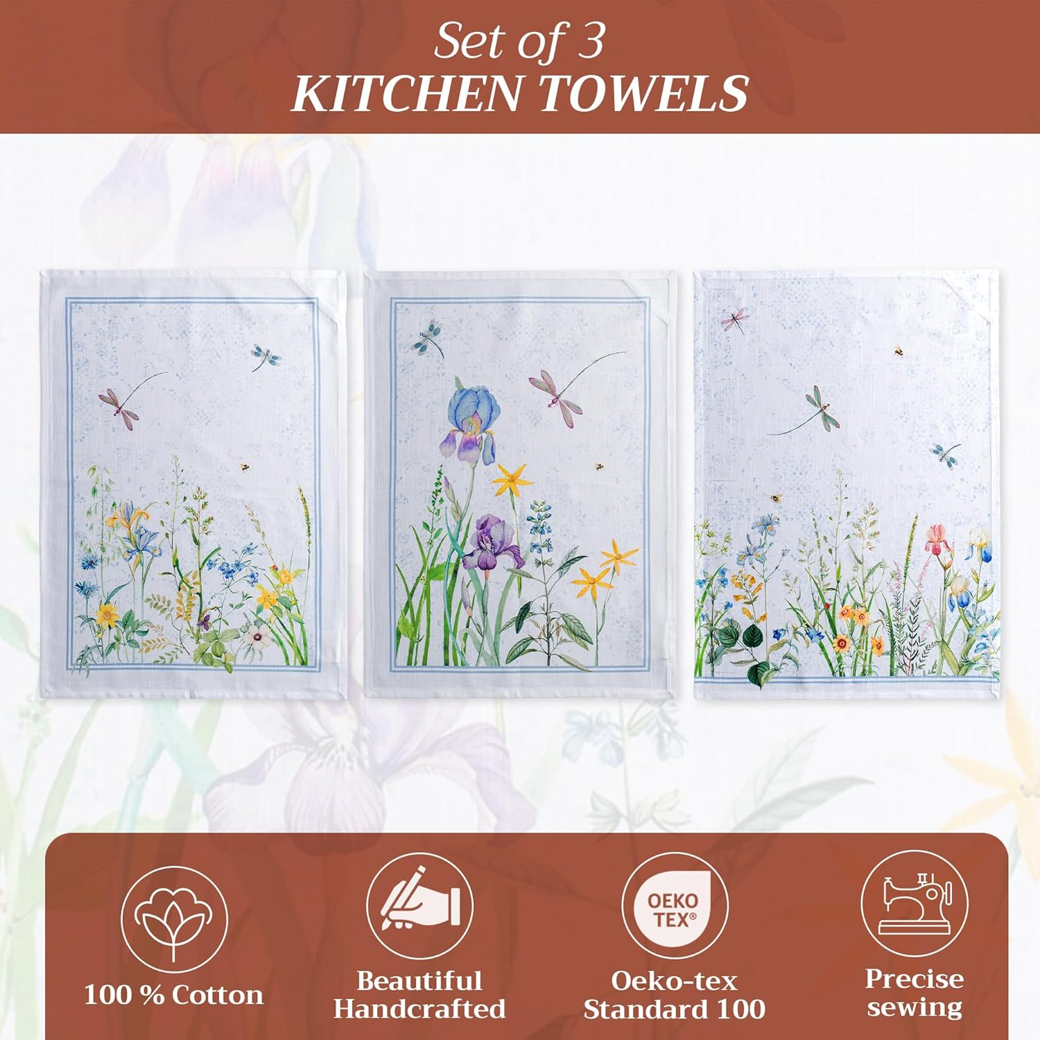 Maison D'Hermine Kitchen Towels Set of 3 100% Cotton 27.50" X 20" Reusable Cloth Tea Dish Towels Absorbent with Hanging Loop for Kitchen, Home, Dining, Cocktail Parties Spring/Summer (Fleurs De Mai)