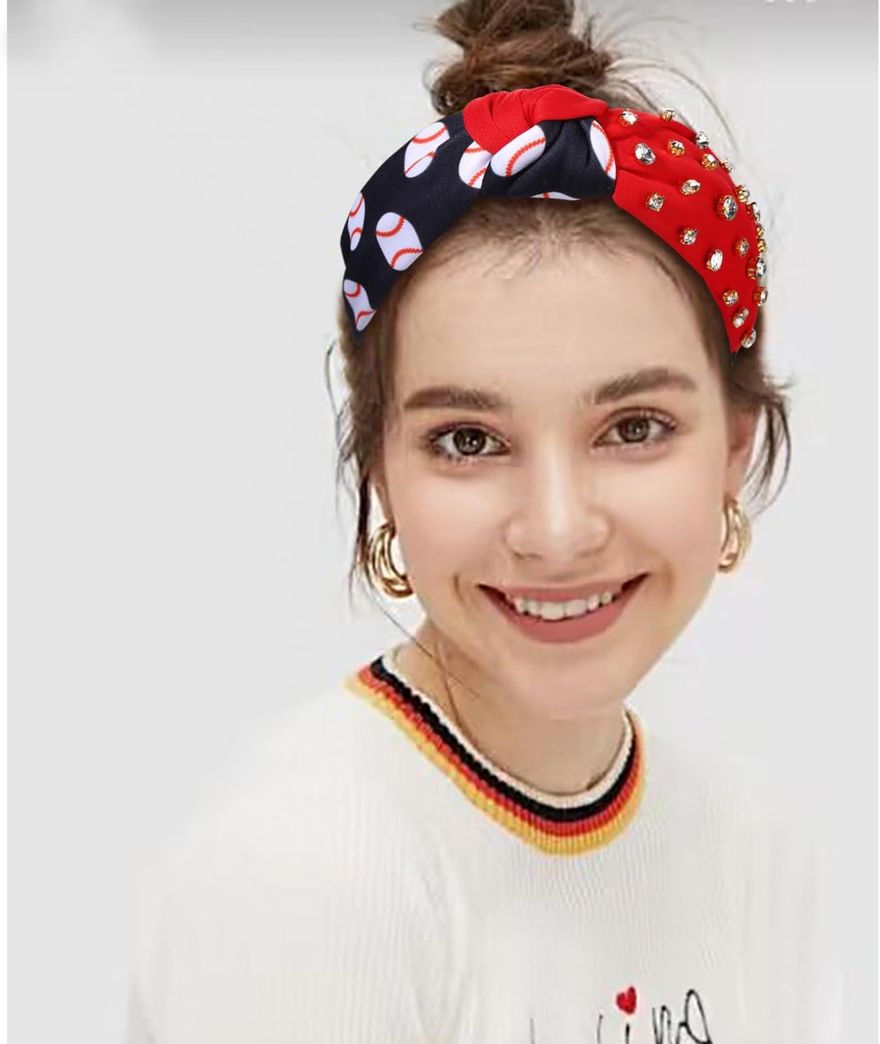 CEALXHENY Rhinestone Knotted Headbands for Women, Top Knot Baseball Headband, Embellished Jeweled Game Day Headband Sports Team Headbands Game Day Hair Accessory (Baseball-Back/Red)