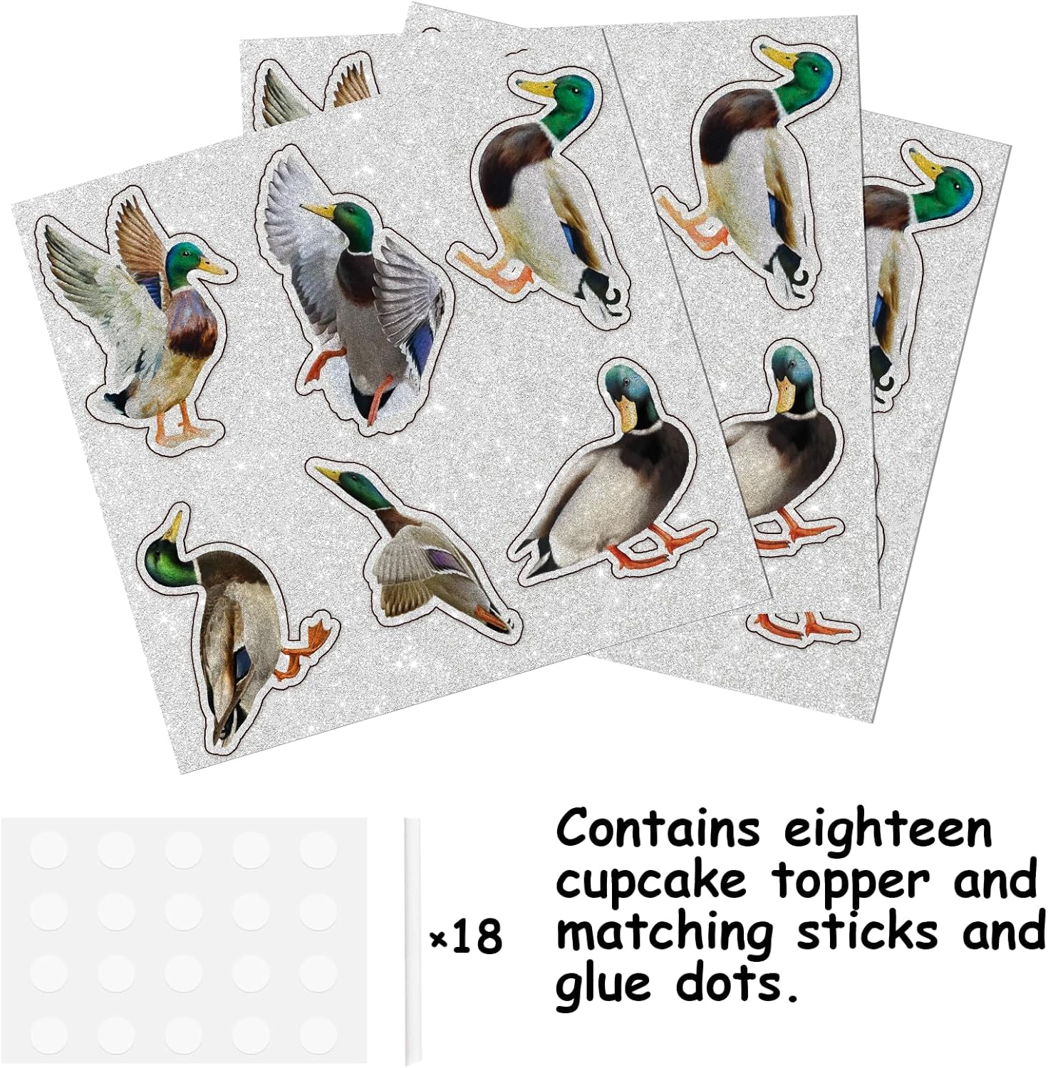 18Pcs Glitter Wild Duck Dessert Cupcake Topper Pick for Animal Duck Adventure Movie Theme Decor Supplies Baby Shower Boys Girls Happy Birthday Party Decorations image number 3