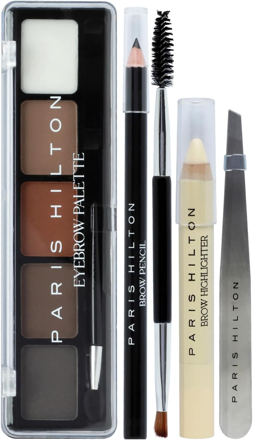 Paris Hilton Brow Collection Set - Make up Kit Includes Eyebrow Palette, Eyebrow Pencil and Highlighter, Spoolie and Tweezer - Long-Lasting - 5 Pcs image number 1