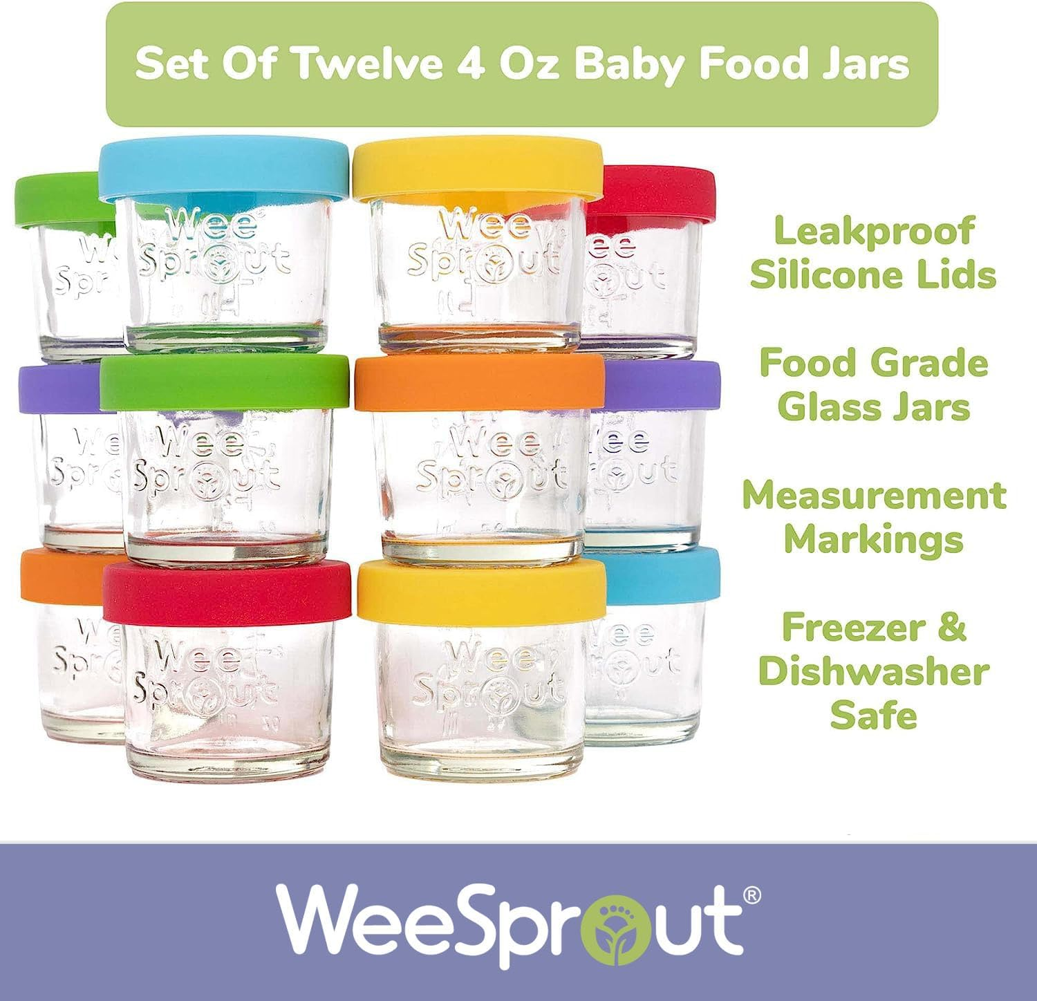 Weesprout Glass Baby Food Storage Jars W/Lids (4 Oz, 12 Pack Set) Snack, Puree, Reusable Small Containers, Breast Milk, Fridge or Freezer, Microwave & Dishwasher Safe, Essential Must Have for Infants - Matte Variety image number 5
