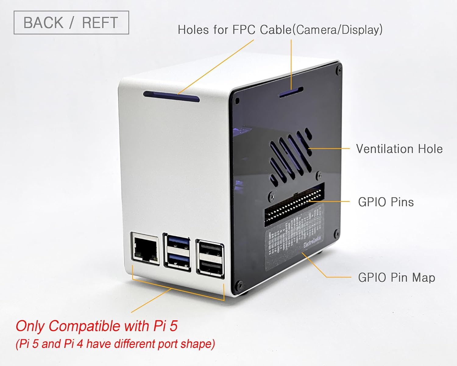 Electrocookie Raspberry Pi 5 Case, Aluminum Mini Tower Case with Cooling Fan and Color Changing Ambient Light (Silver) - 3..Navy image number 5
