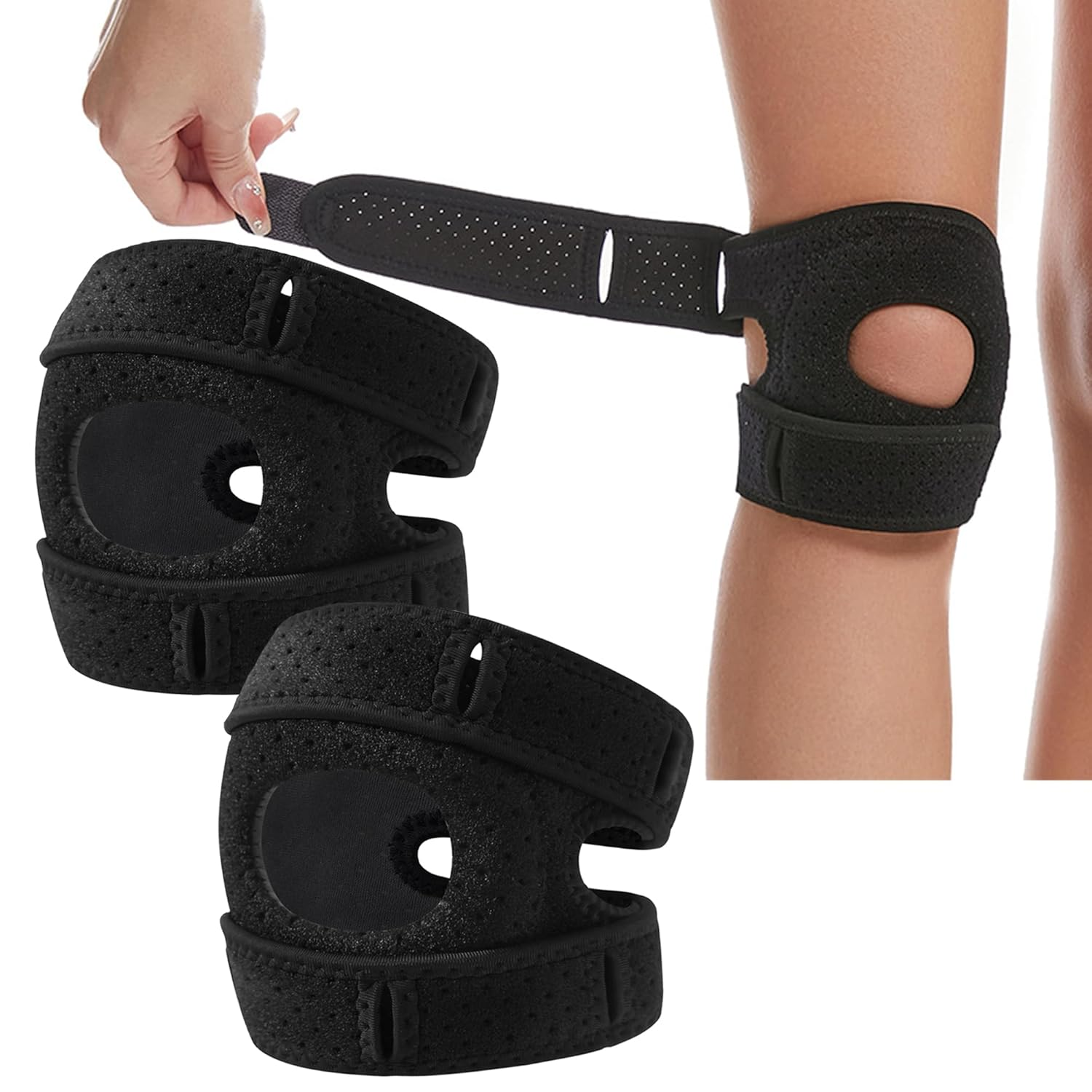 Bestek 2PCS Wellness Knee Brace,Adjustable Patella Tendon Knee Strap Sleeve,Knee Support for Arthritis Pain, Injury Recovery, Running,Workout,Men,Women-Black