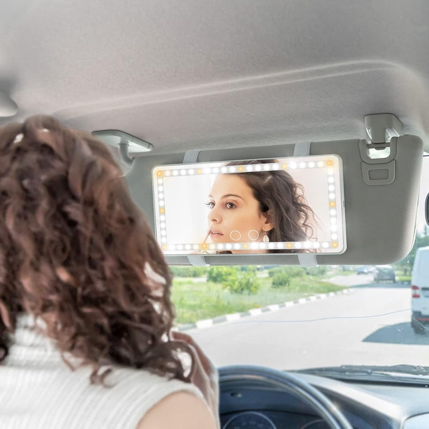 Rechargeable Car Vanity Mirror with LED Lights for Sun Visor &ndash; 3 Light Modes, Dimmable Touch Screen, Memory Function &ndash; Makeup Mirror for Car, SUV, Truck &ndash; Universal Fit (White) image number 6