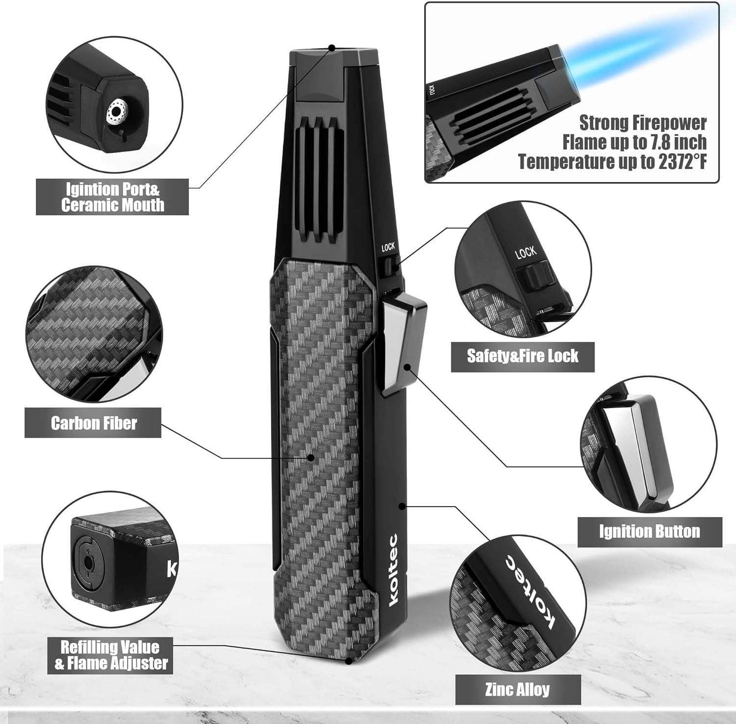 KOLTEC Butane Torch, Outdoor Windproof Cooking Torch Lighter, Refillable Adjustable Jet Flame Kitchen Butane Lighter with Safety and Fire Lock, Gift Box Package (Gas Not Included) (Black)