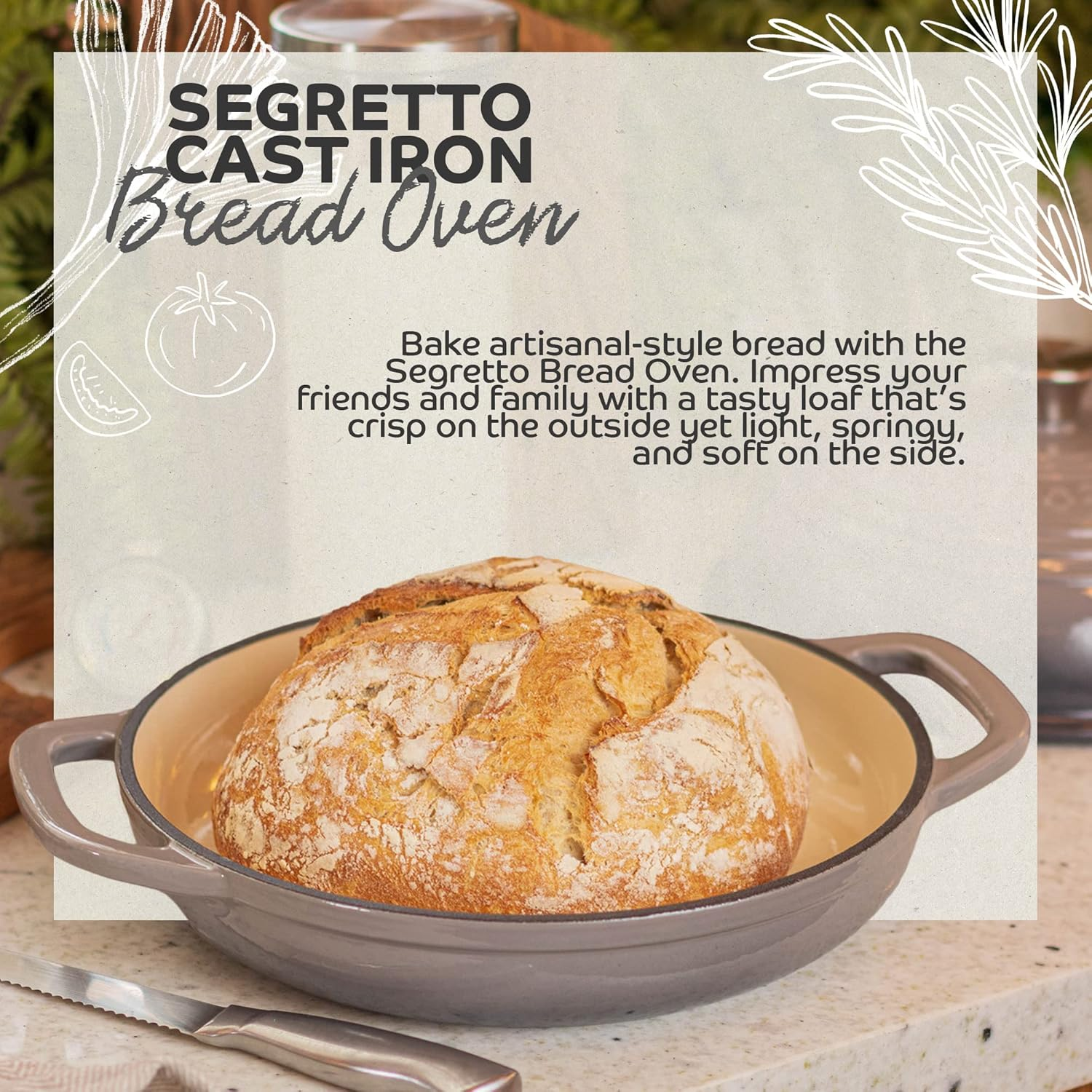 Enameled Cast Iron Bread Pan with Lid, 11&rdquo; Grigio Scuro (Gray) Bread Oven Cast Iron Sourdough Baking Pan, Dutch Oven for Bread - Segretto Cookware