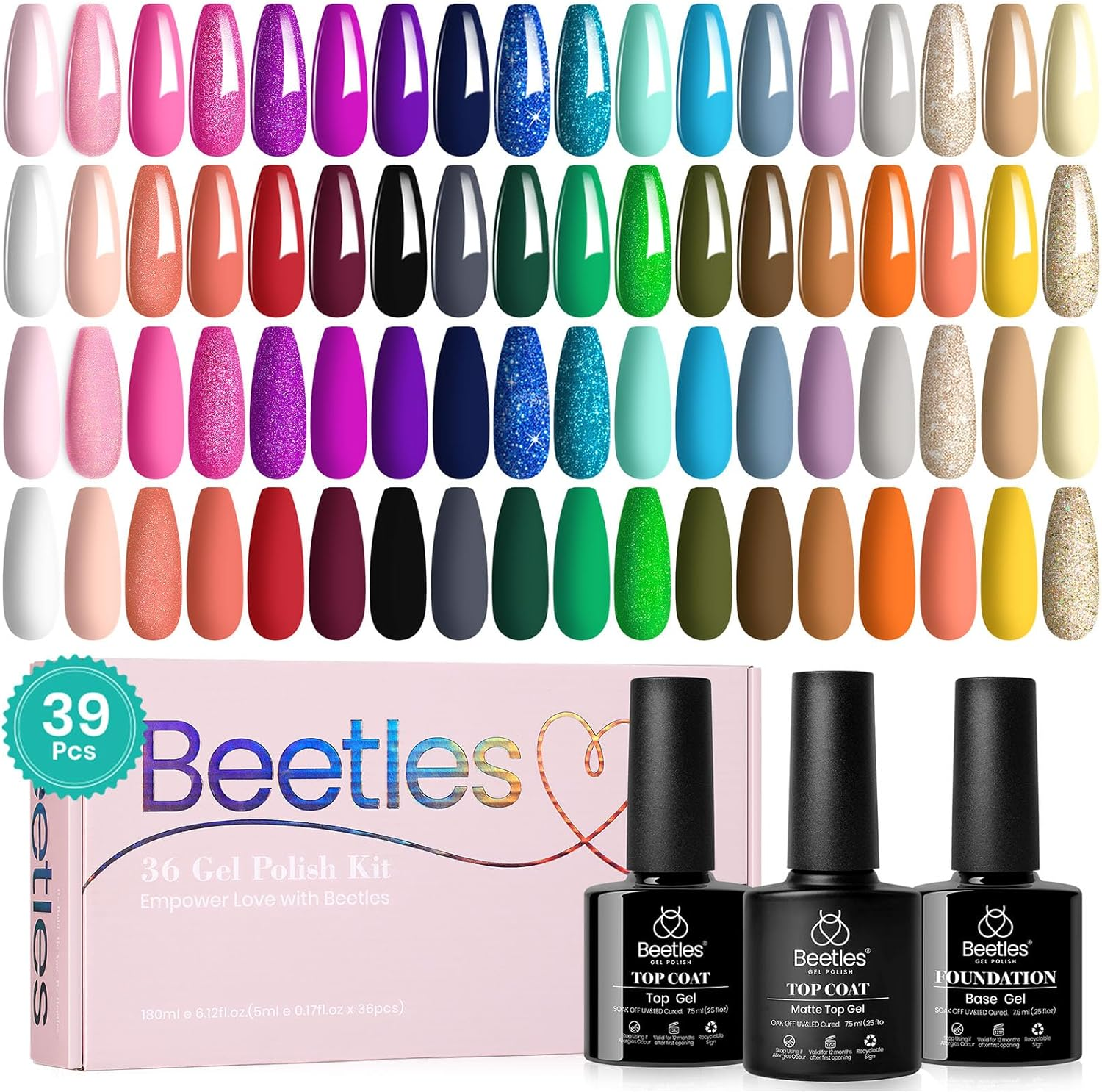 Beetles Gel Polish Gel Polish Set 36 Colors Free Journey Collection Pastel Bright Glitter Green Blue Gel Nail Kits with 3Pcs Matte Top Base Coat Soak off UV Nail Polish Golden Journey for Women image number 5