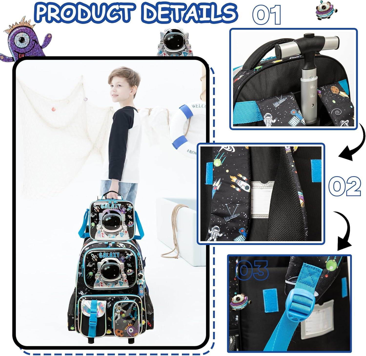 Meetbelify Kids Rolling Backpack with Wheels for Girls Boys Rolling Backpacks for Elementary Students, Boy 02, Small - Child 05 image number 7