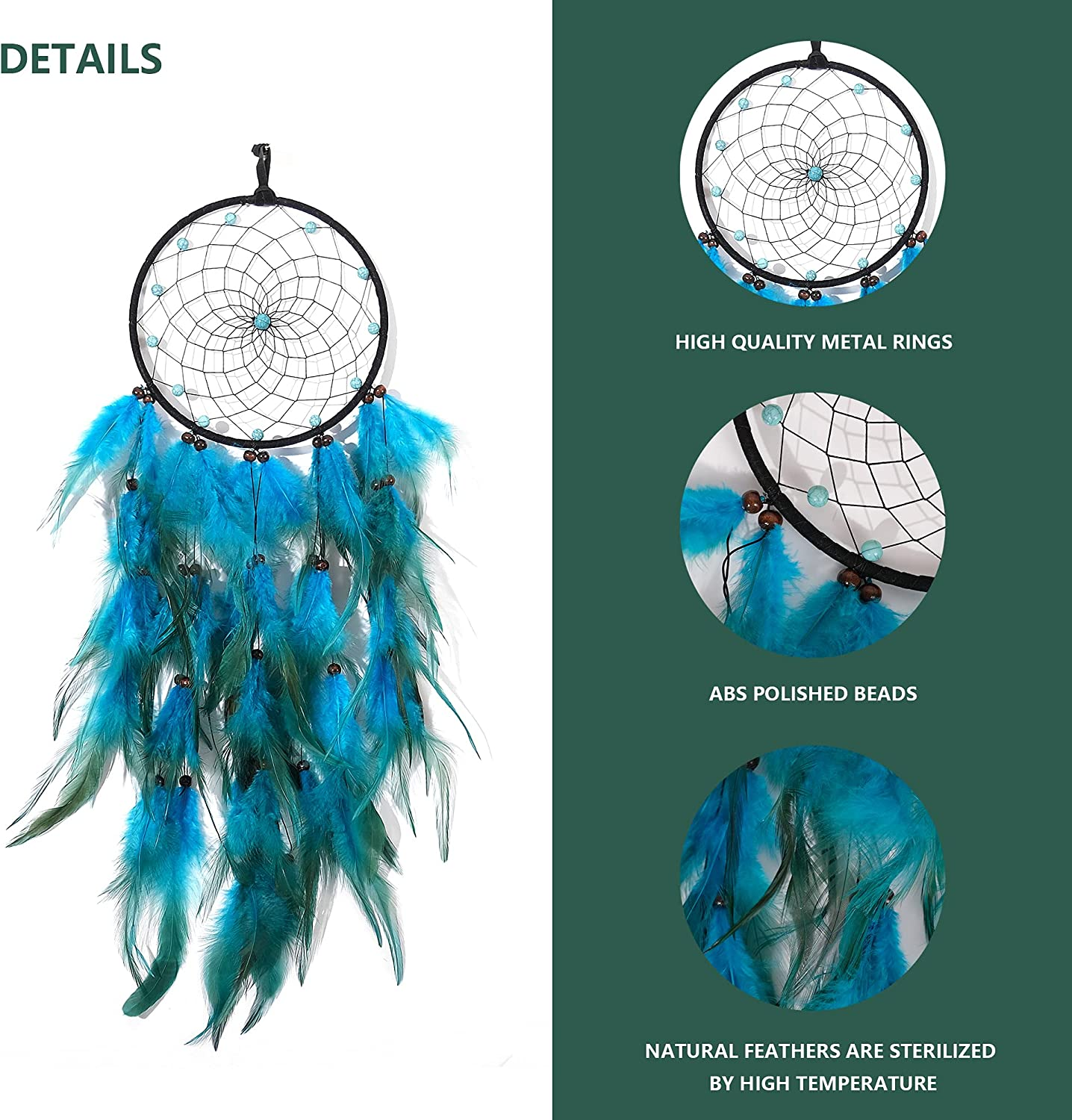 Dream Catchers with Blue Feathers, Handmade Boho Traditional Circular Net Dreamcatcher Wall Hanging Decor for Bedroom Dorm Home Ornaments Craft Gift (Black Circle) - 03-Feather-Blue image number 5