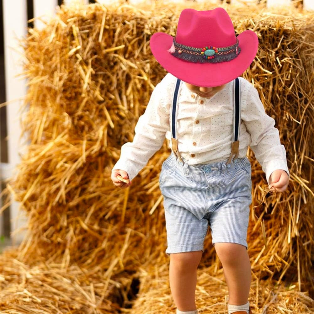 Kids Girls Boys Cowboy Hat Wide Brim Western Toddler Cowgirl Hat with Four Decorative Bands Felt Fedora Hat - Black image number 6