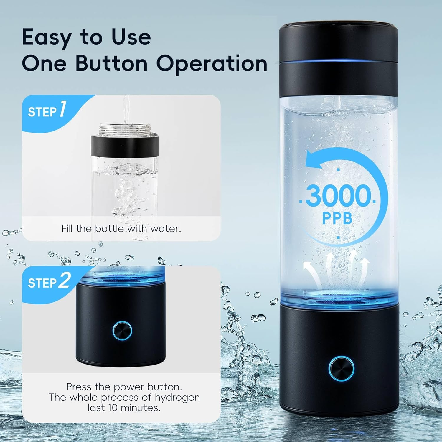 Gasclub Hydrogen Water Bottle Generator, 3000 PPB Portable Hydrogen Water Machine with SPE/PEM Technology, Rechargeable Hydrogen Water Ionizer Machine for Home, Office, Gift image number 1