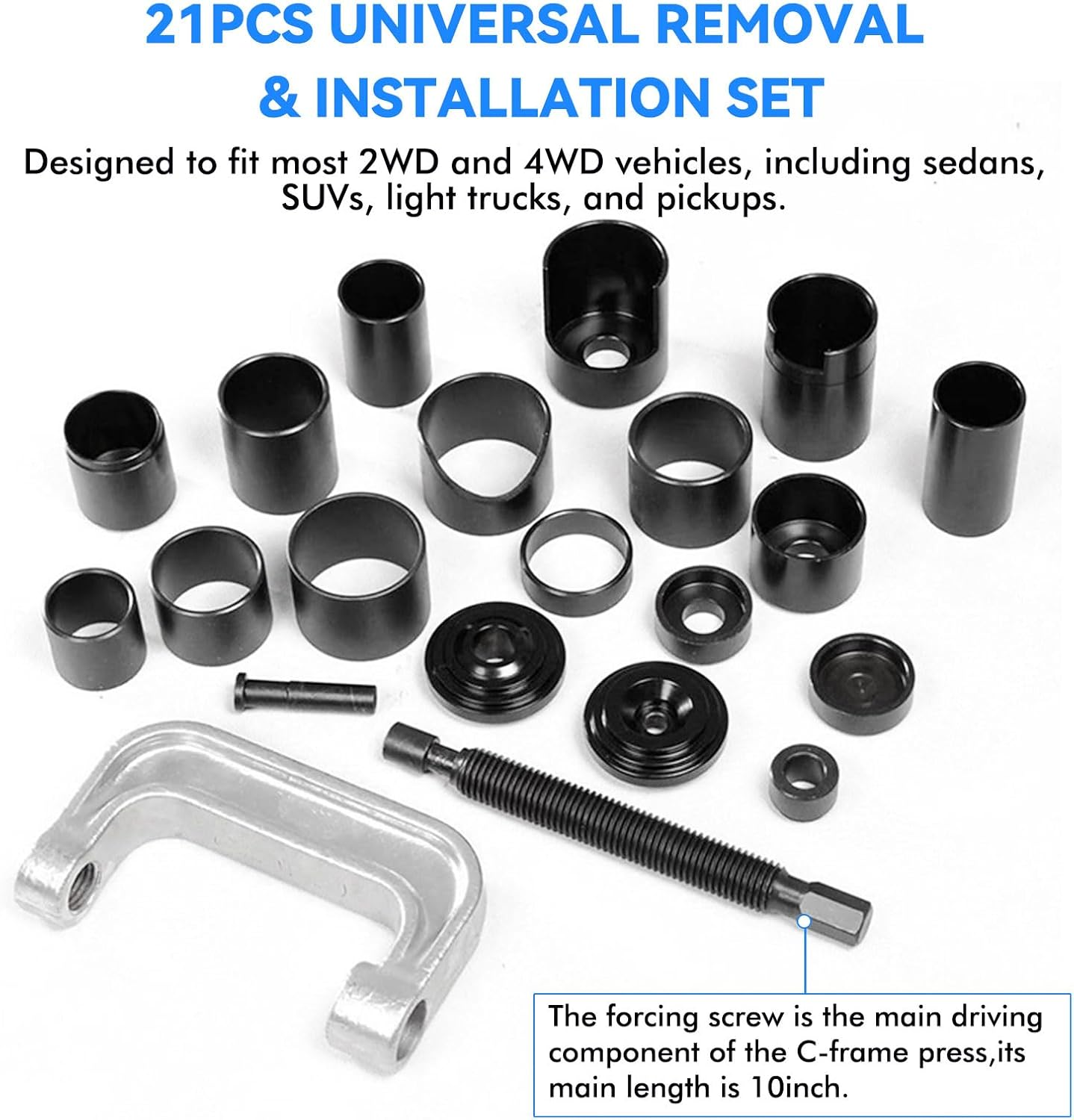 21PCS Master Ball Joint Press Kit, Ball Joints Upper and Lower Kit Ball Joint Removal Tool, U Joint & Brake Anchor Pin Press Kit, C Frame Bushing Press Set for Most 2WD and 4WD Cars and Light Trucks image number 2