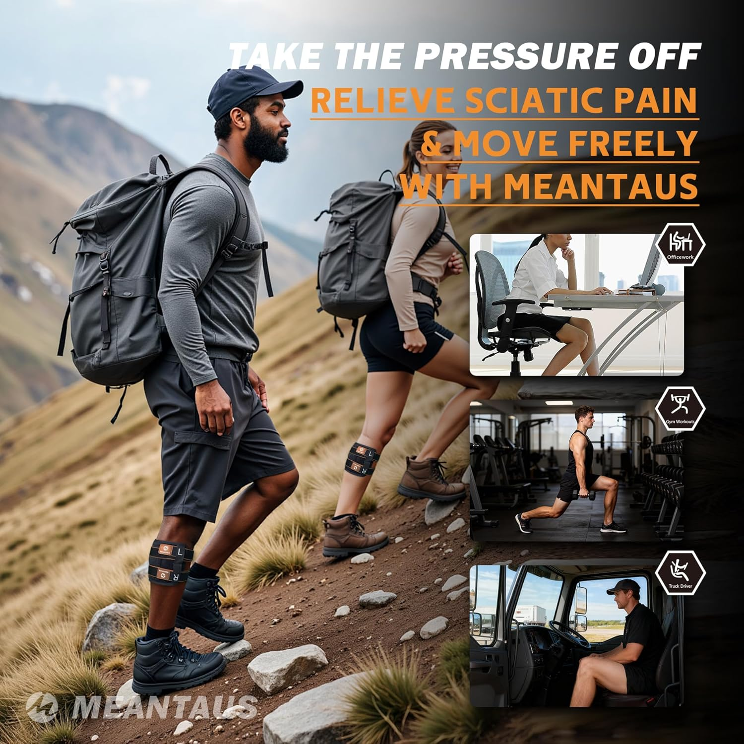 Calf Support Brace for Sciatica Pain Relief &ndash; Adjustable Leg Compression Brace with Dual Pads, Aluminum Bar, Anti-Slip Fabric, and Massage Ball for Effective Nerve Pain Relief in the Lower Back, Hip, and Calf(Orange) image number 4