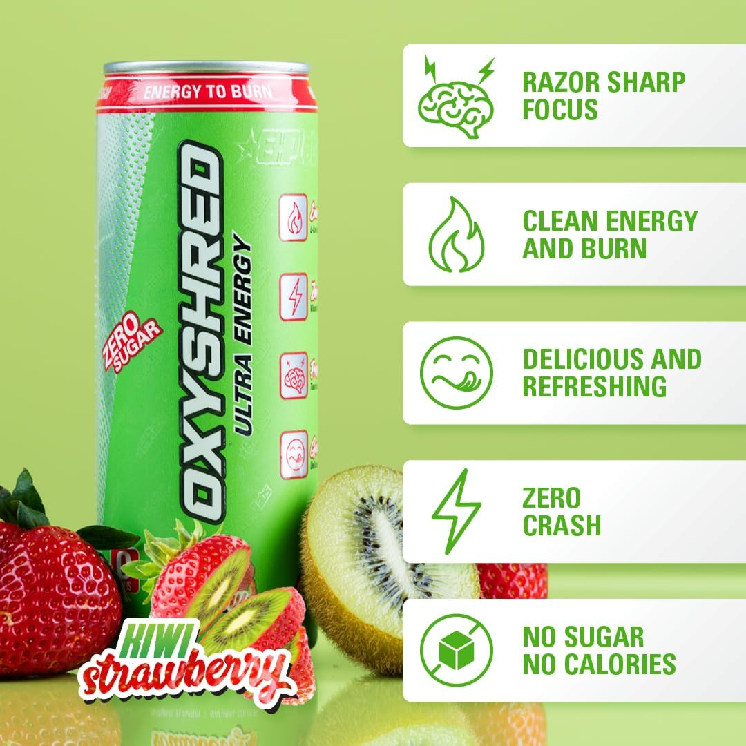 EHP Labs Oxyshred Healthy Energy Drink - Sugar Free Energy Drinks with Amino Acids, Green Tea Extract, Vitamin C & L Carnitine - Carb Free, Calorie Free, Natural Caffeine - Kiwi Strawberry (12-Pack) image number 3