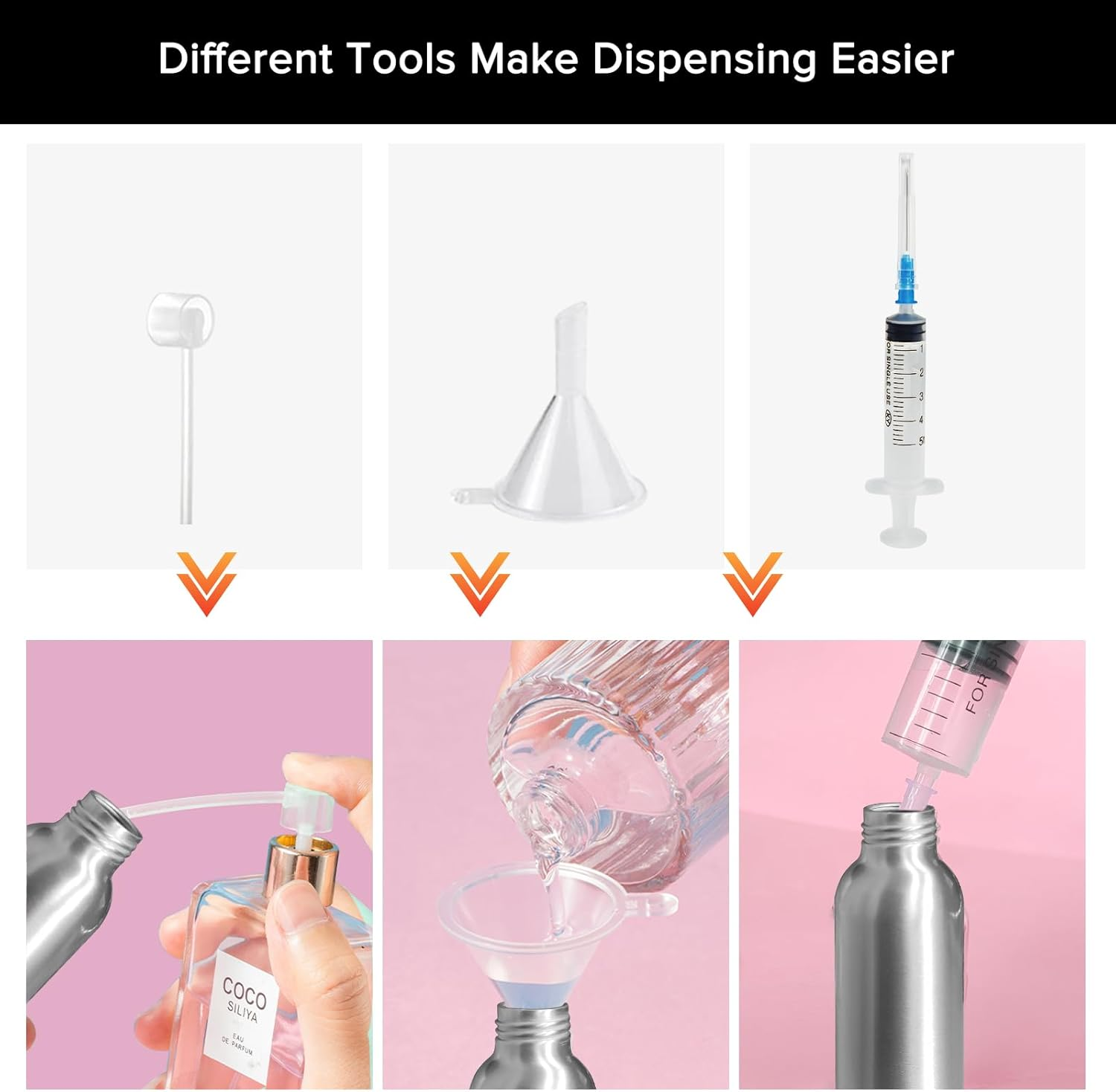 Bohoray Pack of 6 30 Ml Spray Bottle, Small Aluminium, Aluminium Spray Bottle, Atomiser Spray Bottle, Pump Atomiser with Funnel/Syringe/Label, Portable Atomiser Perfume for Cosmetics, Liquid image number 3