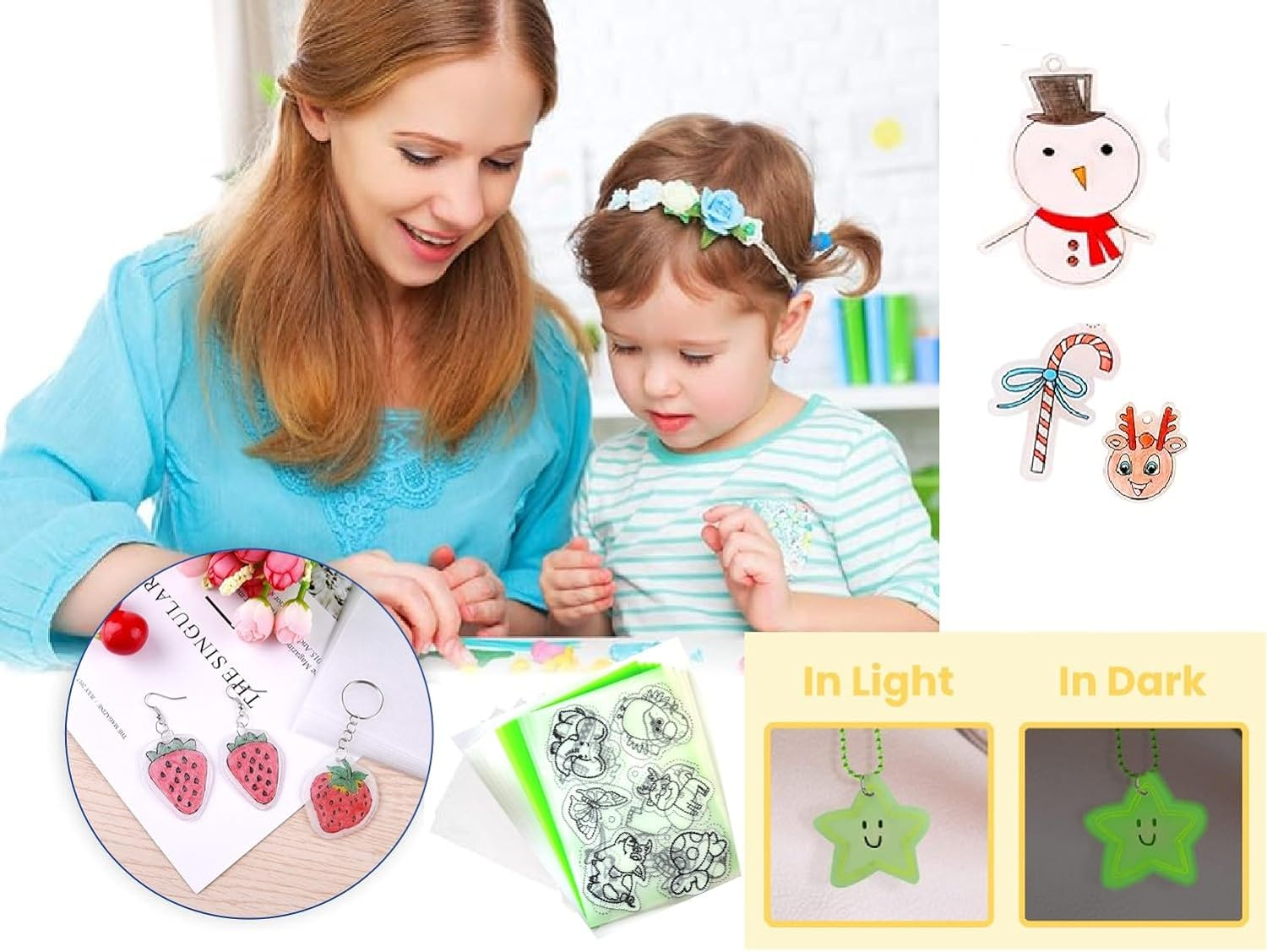 280 Pcs Heat Shrink Plastic Sheet Kit,Craft Kits,2 Pcs Luminous Shrink Sheets,4 Pcs Green Shrink Sheets,2 Pcs Shrinky Art Paper with Pattern and 12 Pcs Shrinky Art Paper,With 260 Pcs Craft Accessories,For DIY Ornaments Earrings Pendants or Creative Craft image number 1