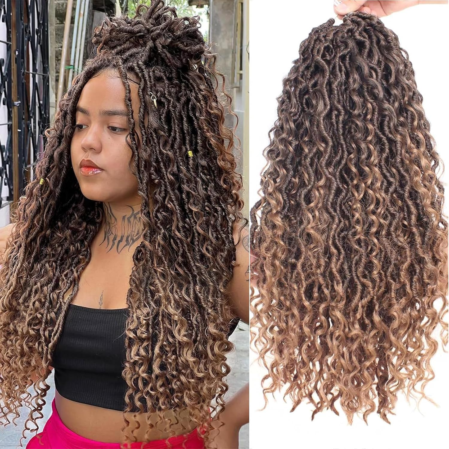 Mscat 14 Inch 8 Packs Ombre River Goddess Faux Locs Crochet Hair Wavy with Curly Ends Pre-Looped River Locs Synthetic Crochet Braiding Bohemian Faux Locs Hair Extensions (14 Strands/Pack T27#)