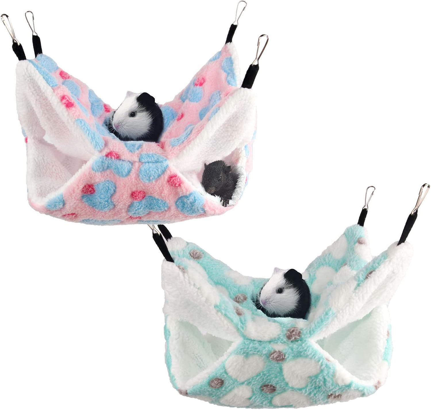 TRADERPLUS 2 Pcs Guinea Pig Rat Hammock Small Pet Warm Plush Bunkbed Hanging Hammock Cage Accessories for Bunkbed Sugar Glider Hamster Ferret Parrot Squirrel Playing (Pink+Blue) image number 2
