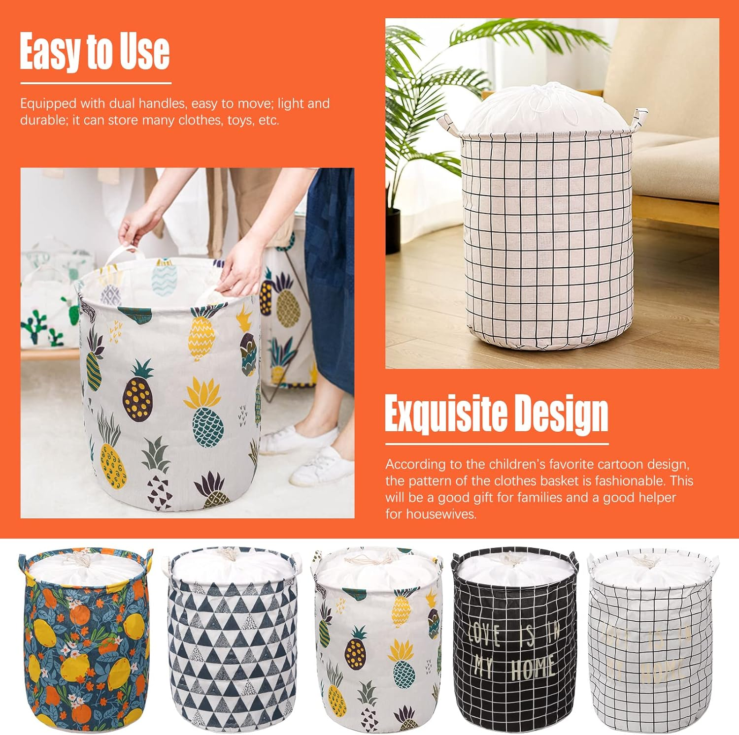 Tanstic 1Pc Freestanding Laundry Basket with Black Lattice Pattern, Foldable Large Drawstring Clothes Hamper Collapsible Fabric Bag with Leather Handle for Clothes Washing (15.7X19.6 Inch) image number 6